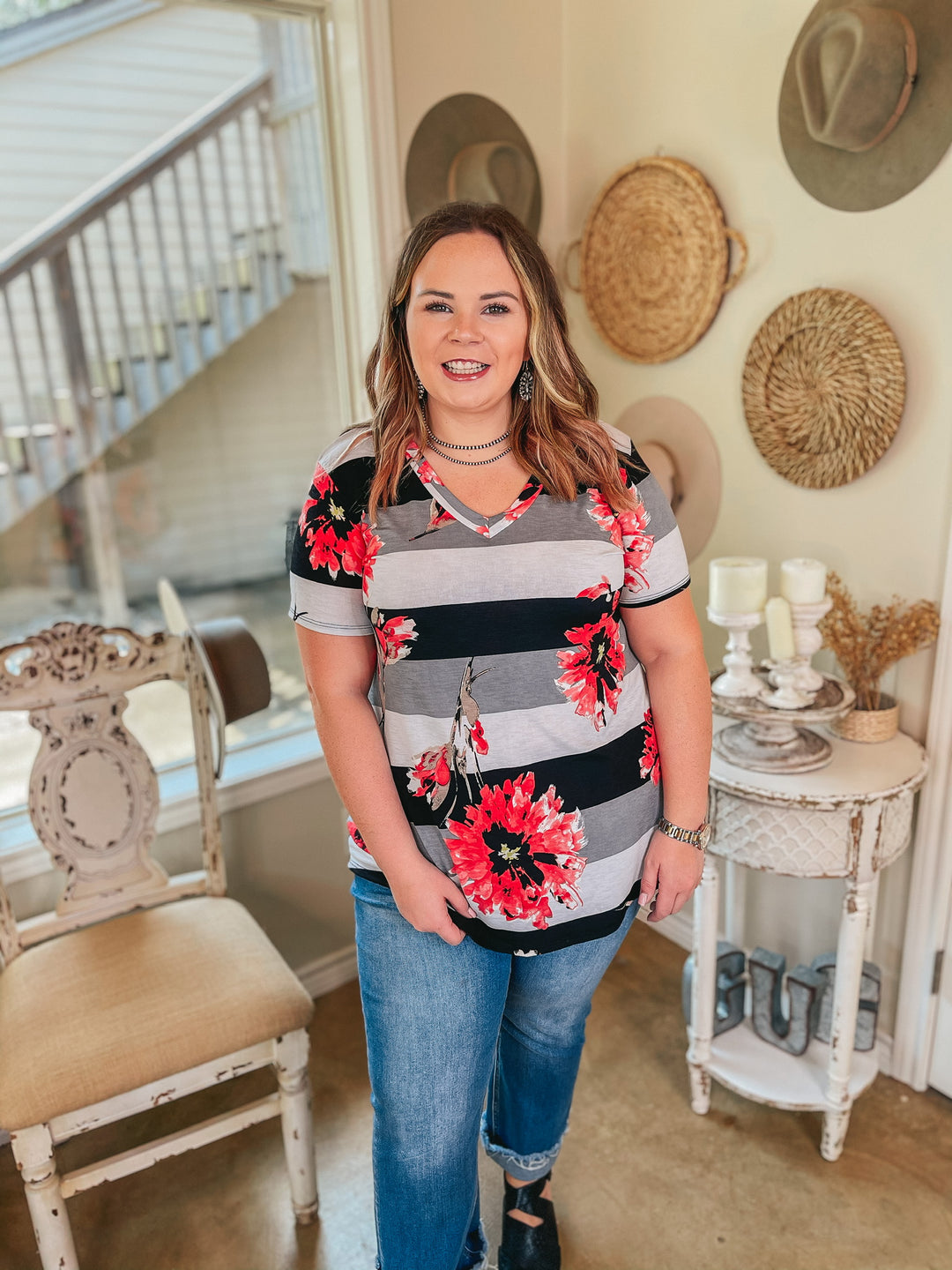 Keep Things Simple Floral and Striped V Neck Tee in Black and Coral - Giddy Up Glamour Boutique