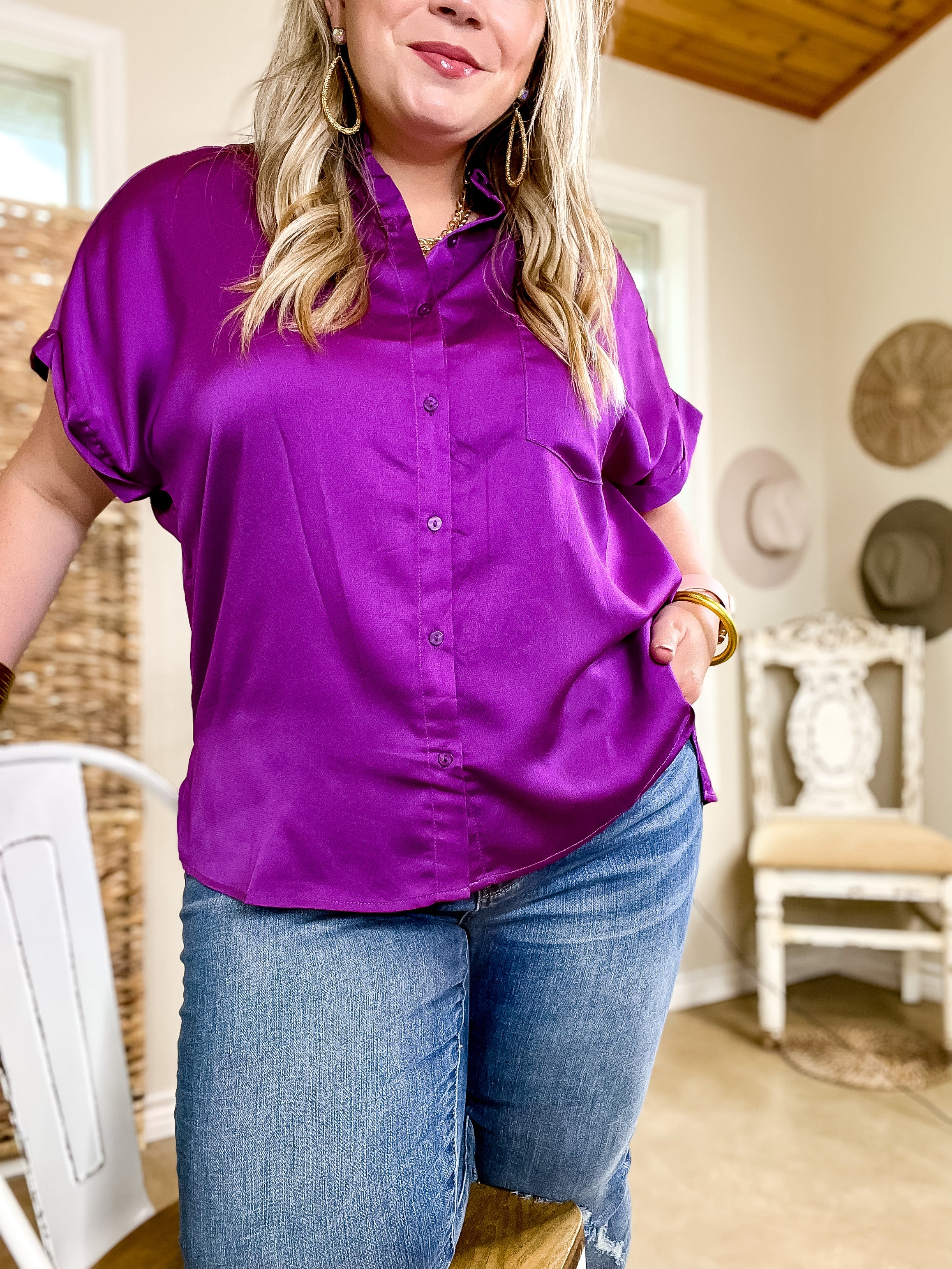 Free To Be Fab Button Up Short Sleeve Top in Purple - Giddy Up Glamour Boutique