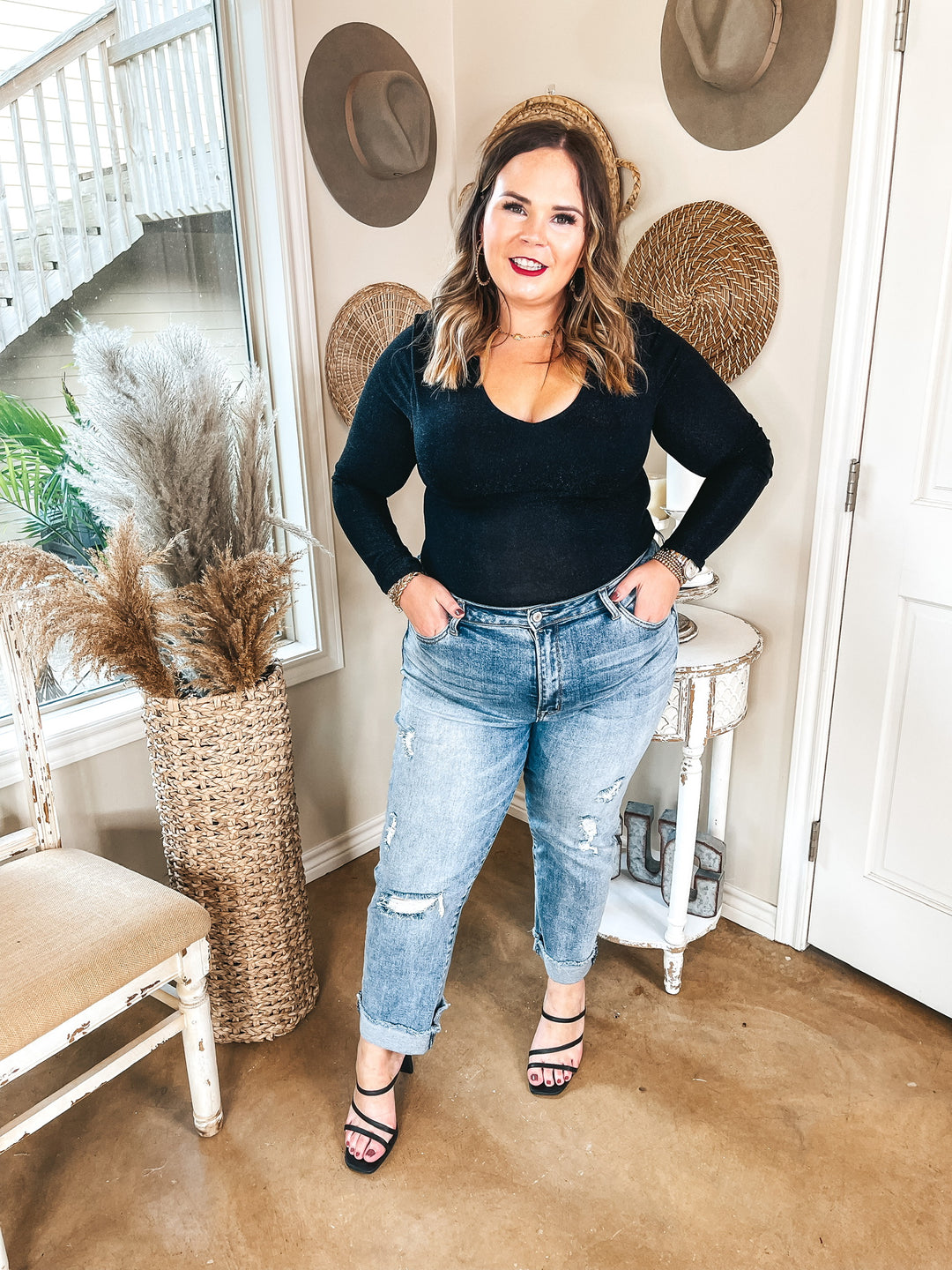 Stunning Views Long Sleeve V Neck Glitz Bodysuit with Shoulder Pads in Black - Giddy Up Glamour Boutique