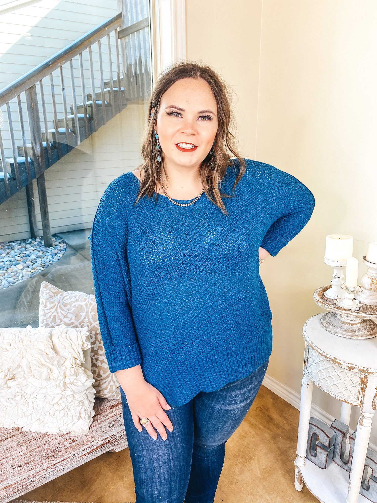 Last Chance | With All My Heart Oversized Knit Sweater in Teal Blue - Giddy Up Glamour Boutique