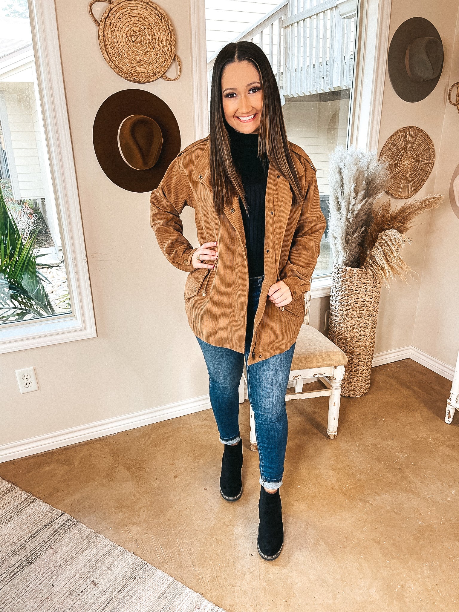 Warm Soul Corduroy Button and Zip Up Utility Jacket in Camel Brown - Giddy Up Glamour Boutique