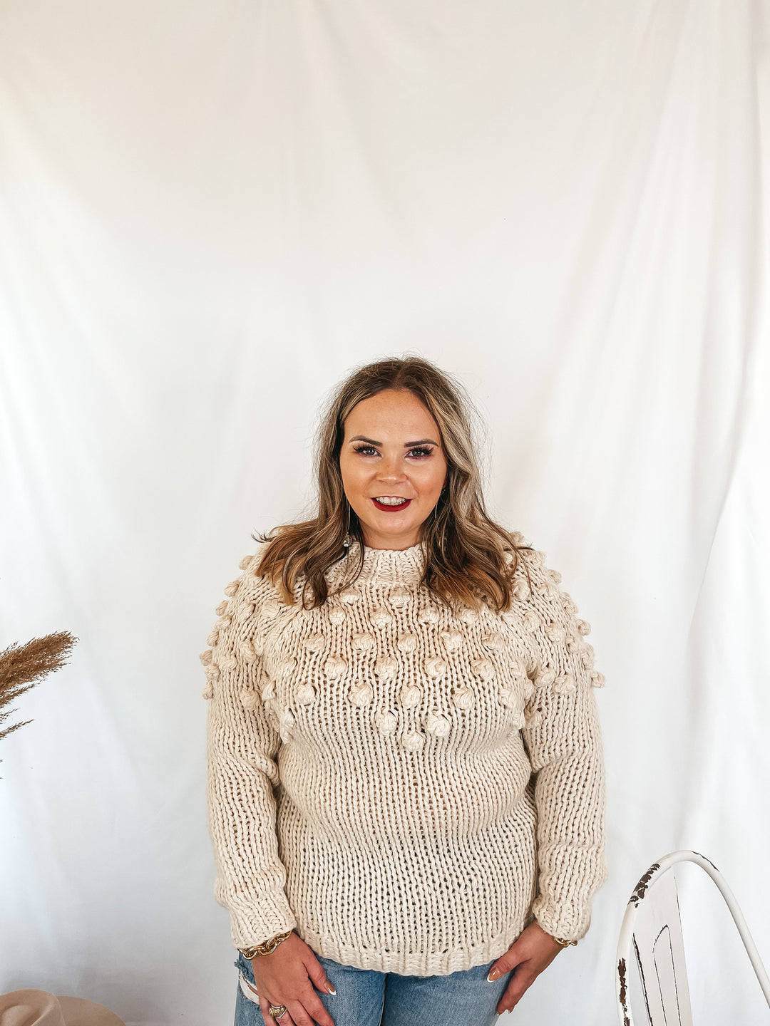 Puff of Magic High Neck Sweater with Pom-Pom Upper in Ivory - Giddy Up Glamour Boutique