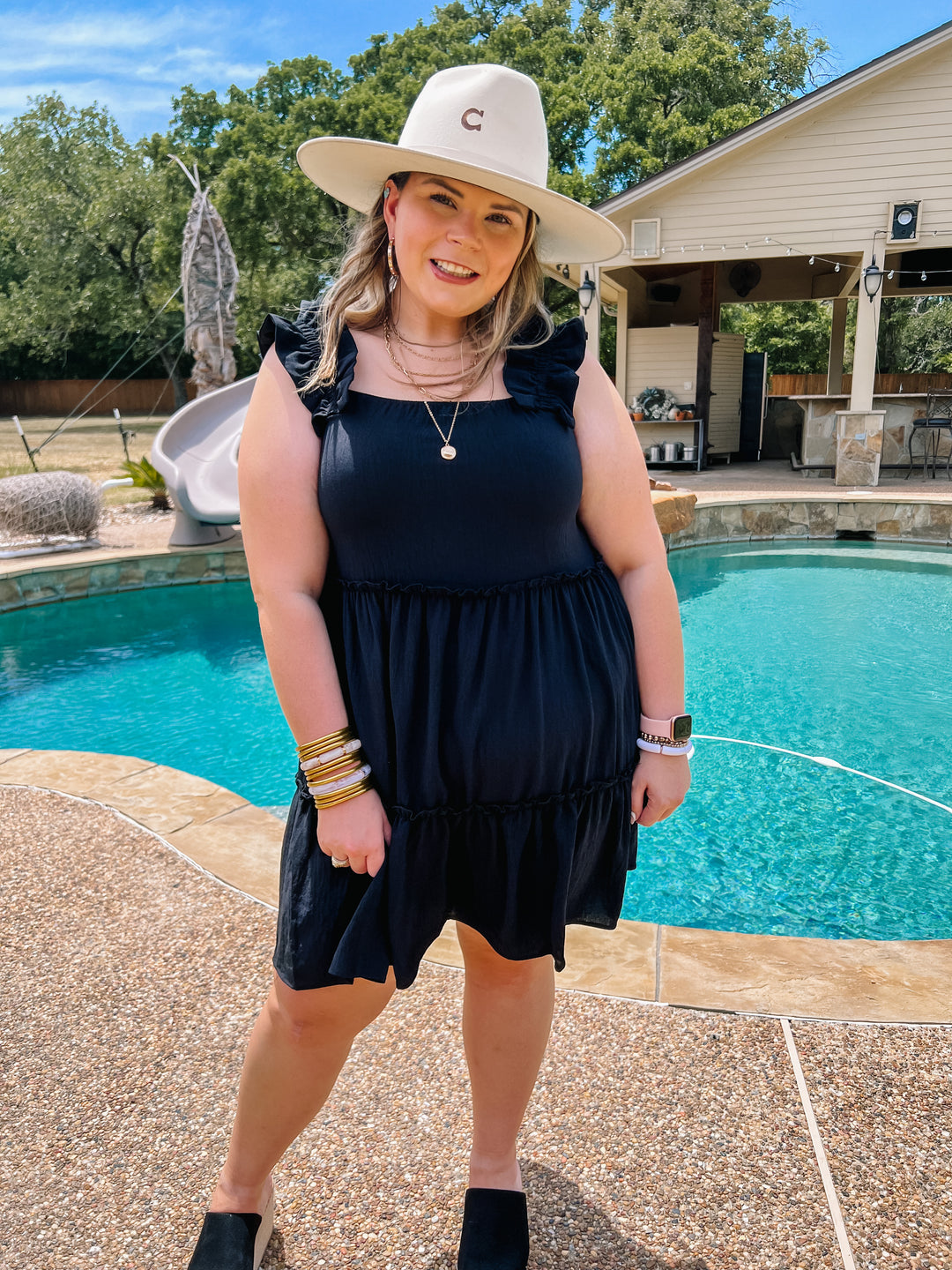 Instant Confidence Ruffle Strap Tiered Tank Dress in Black - Giddy Up Glamour Boutique