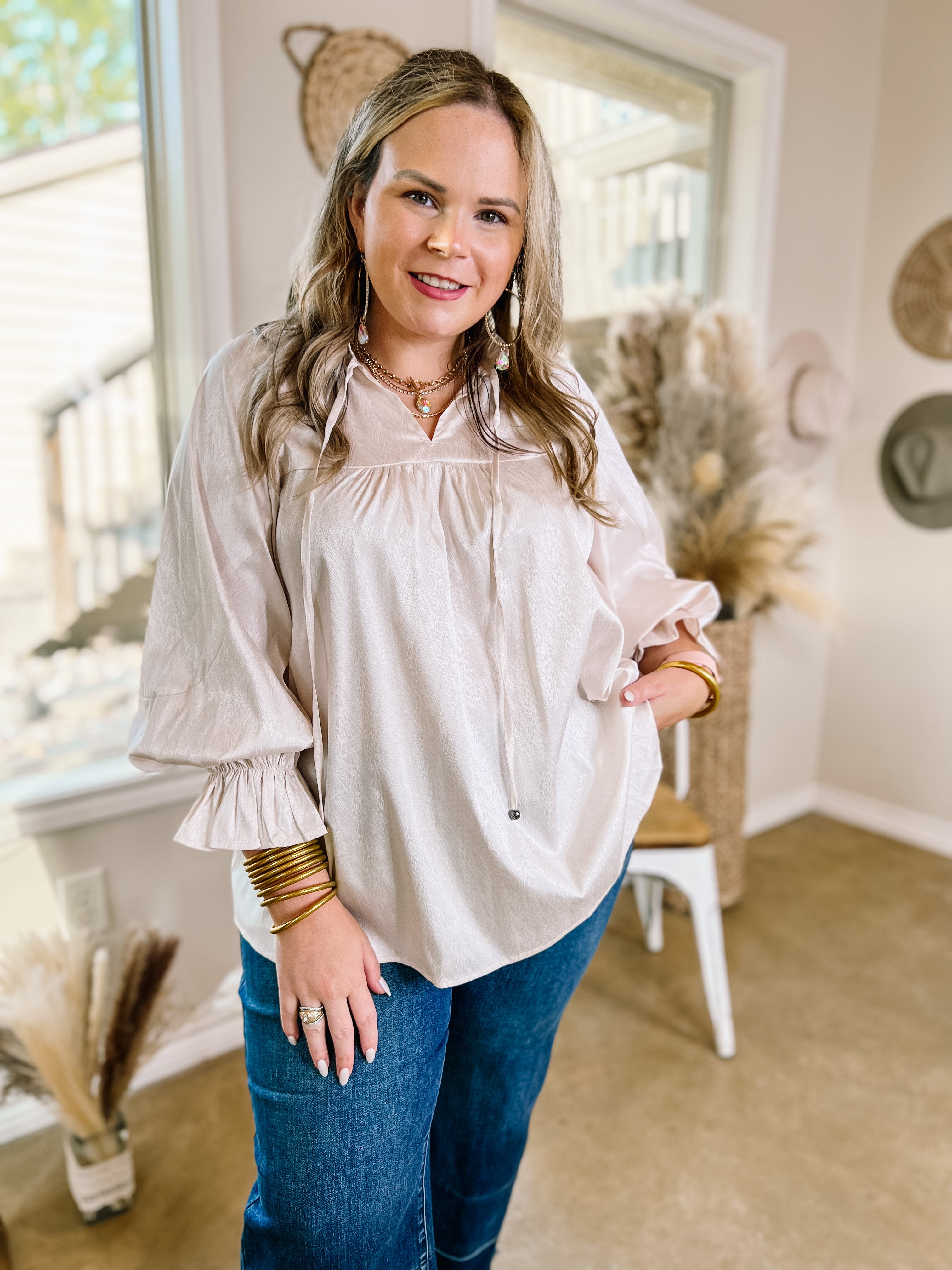 Sunset Situation Front Tie Keyhole Blouse in Ivory - Giddy Up Glamour Boutique