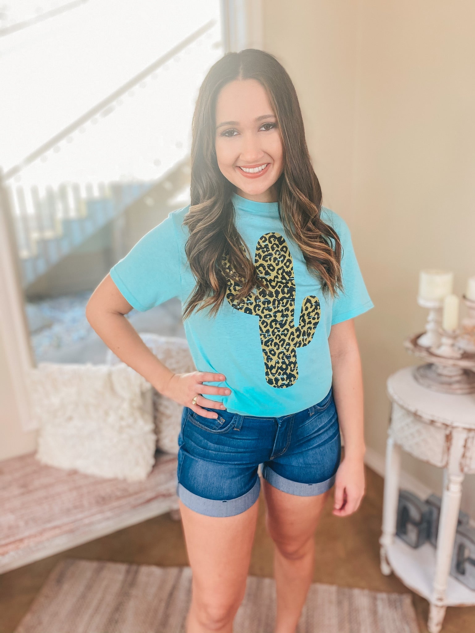 Steady as the Saguaros Leopard Cactus Short Sleeve Graphic Tee in Mint - Giddy Up Glamour Boutique