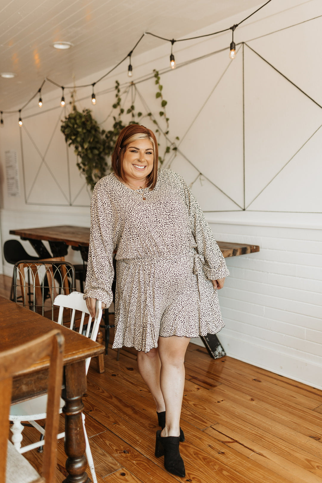 Swift Moves Dotted Long Sleeve Romper with Waist Tie in Beige - Giddy Up Glamour Boutique