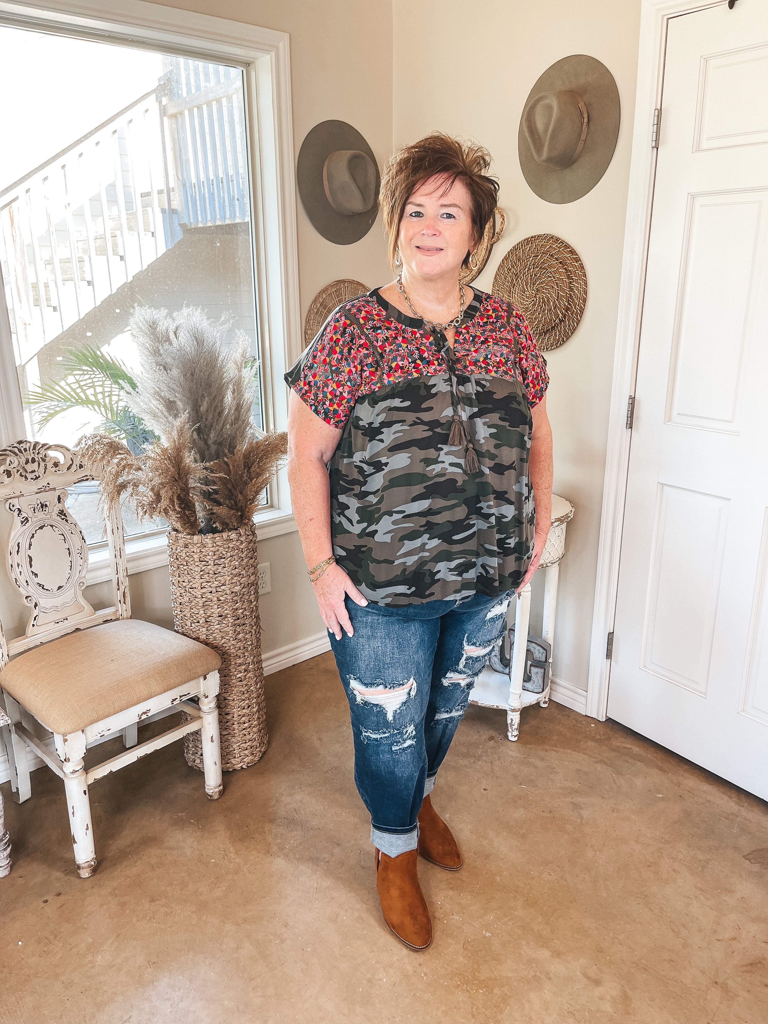 Last Chance Size Small | Fredericksburg In the Spring Embroidered Short Sleeve Top with Front Keyhole in Camouflage - Giddy Up Glamour Boutique
