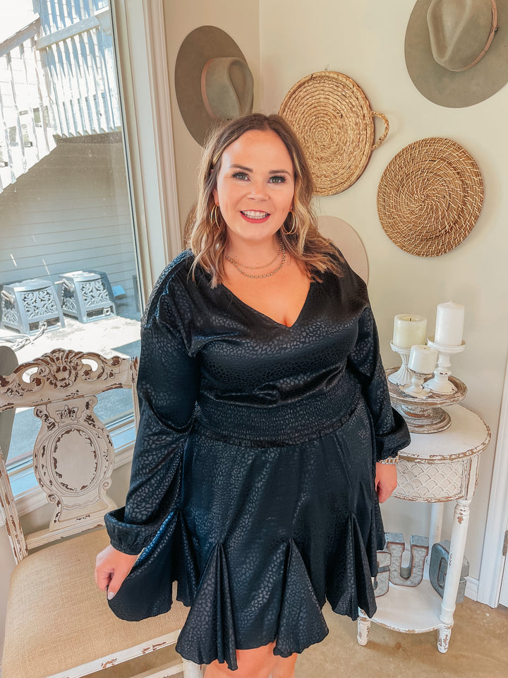 Wine Toast Dotted Smocked Waist V Neck Satin Dress in Black - Giddy Up Glamour Boutique