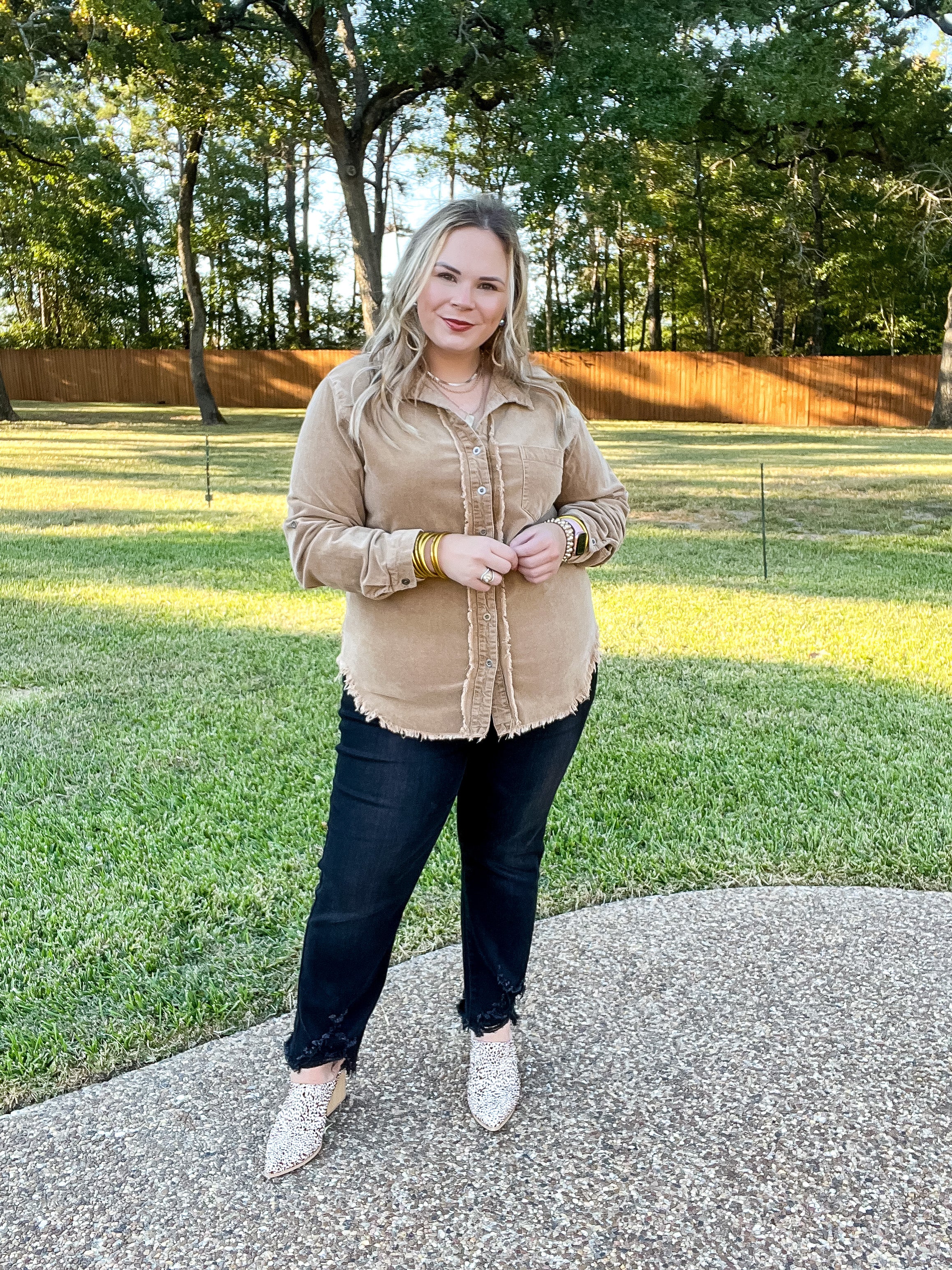 Dial It In Button Up Corduroy Shacket with Raw Hem in Beige - Giddy Up Glamour Boutique