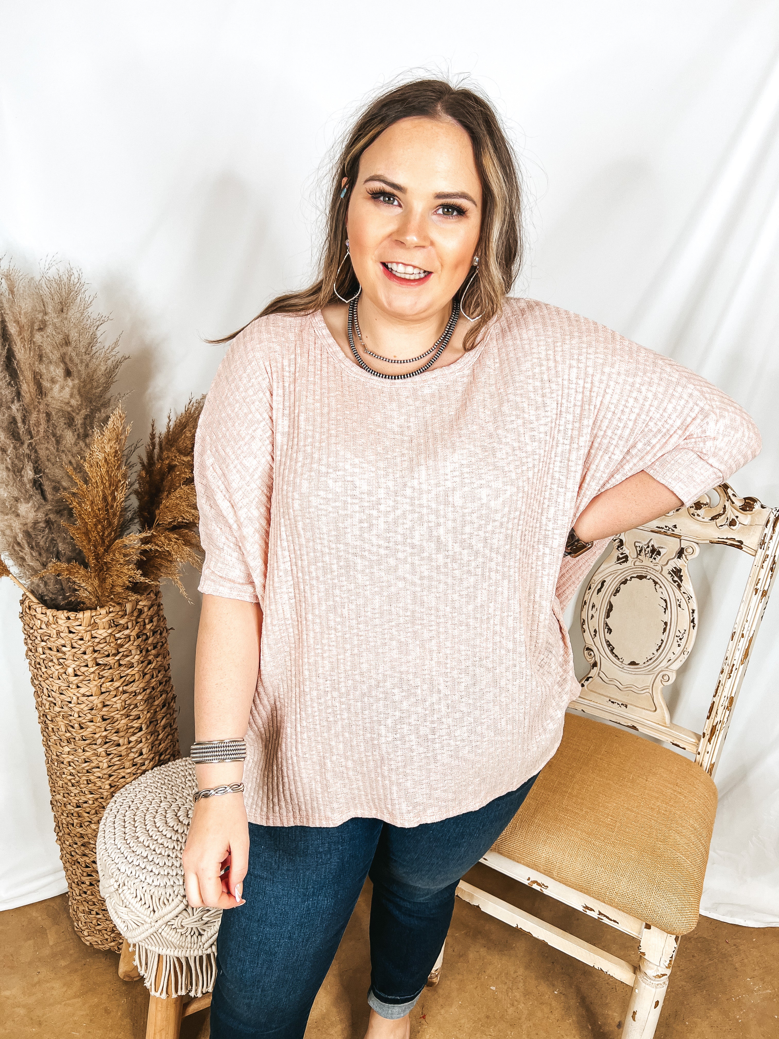 Corner Cafe Ribbed Poncho Top in Blush Pink - Giddy Up Glamour Boutique