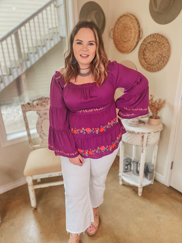 Your Moment Off the Shoulder Floral Embroidered Blouse in Magenta - Giddy Up Glamour Boutique