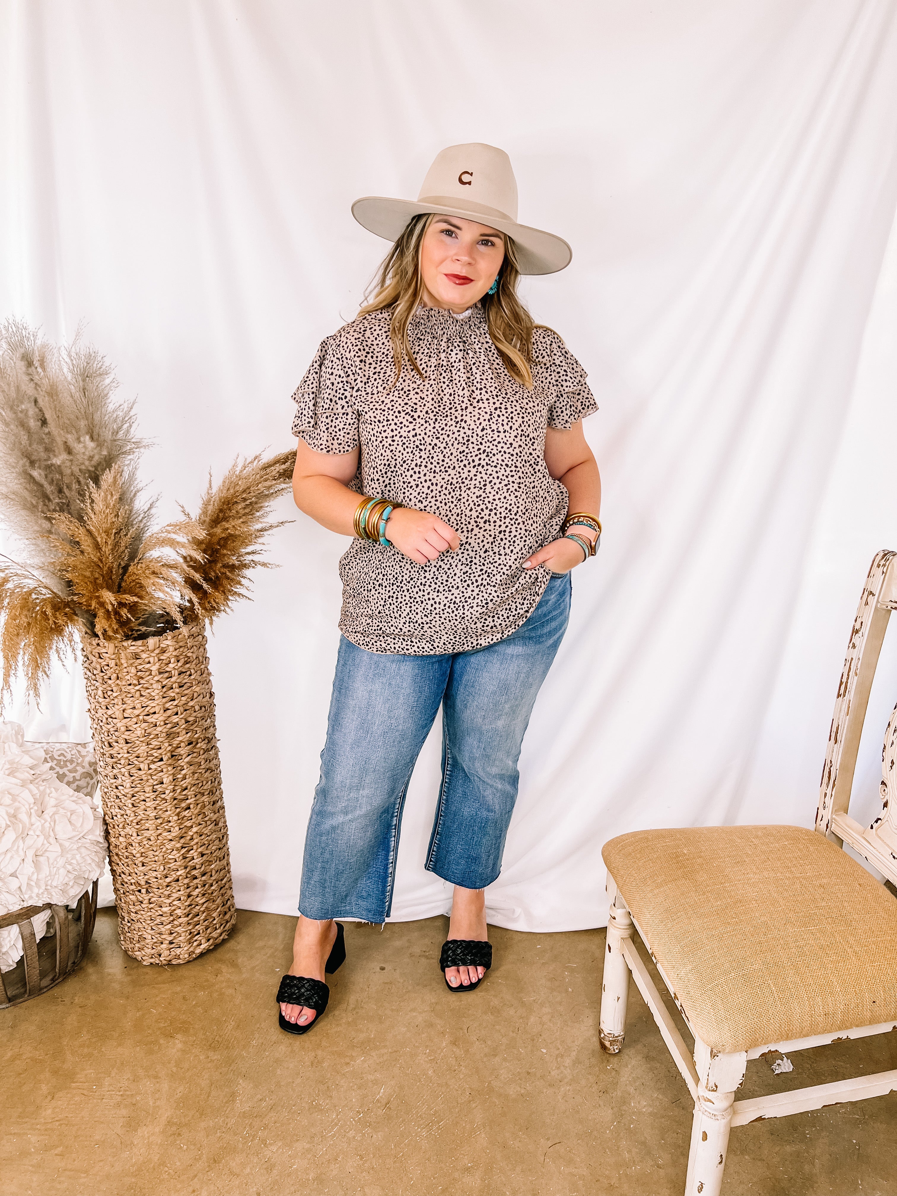Tucked Away Dotted High Neck Top with Ruffle Short Sleeves in Taupe - Giddy Up Glamour Boutique