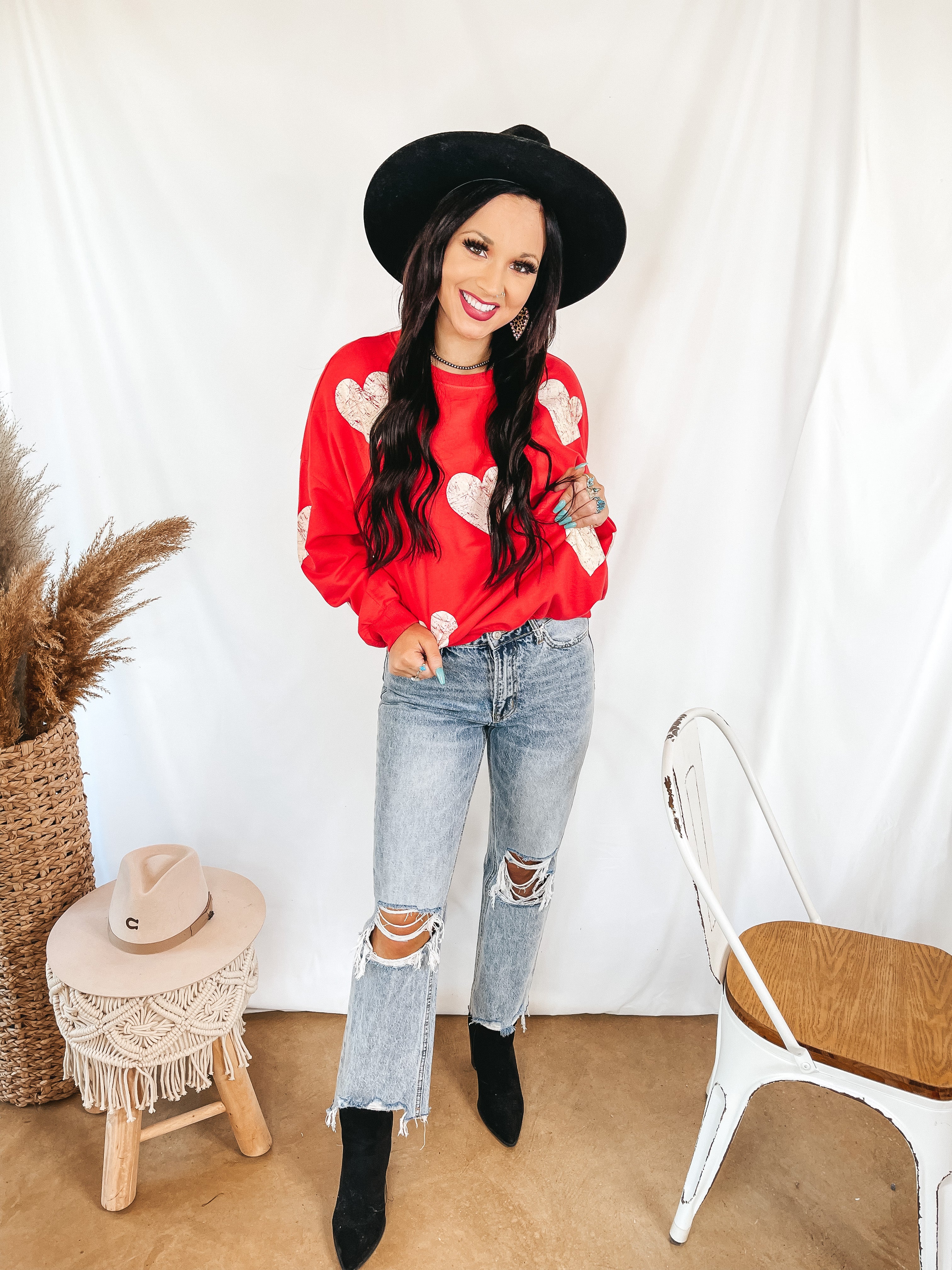 Hearts and Kisses Long Sleeve Pullover Sweatshirt with Distressed Hearts in Red - Giddy Up Glamour Boutique