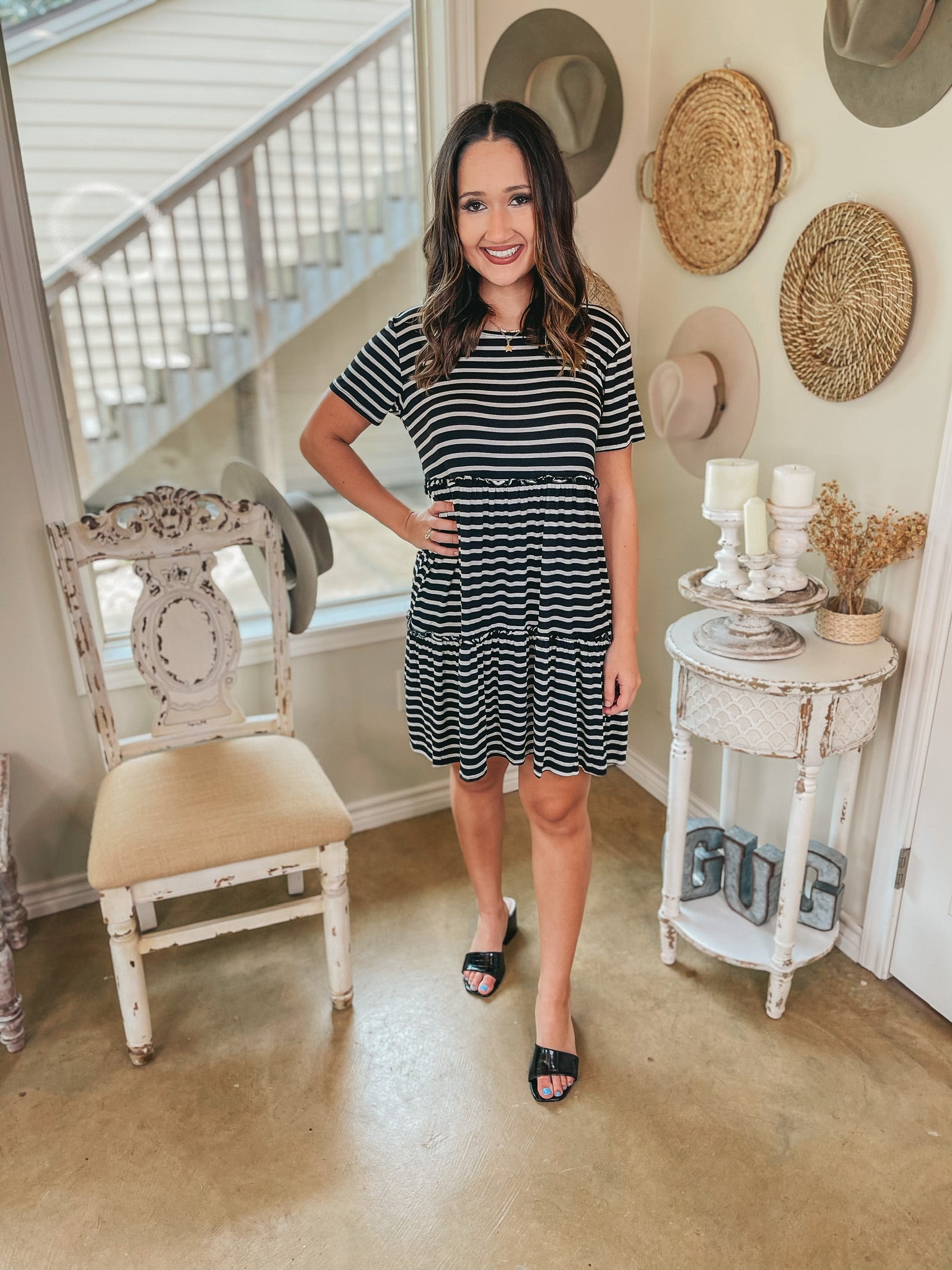 A Night to Remember Striped Ruffle Tiered Short Sleeve Dress in Black - Giddy Up Glamour Boutique