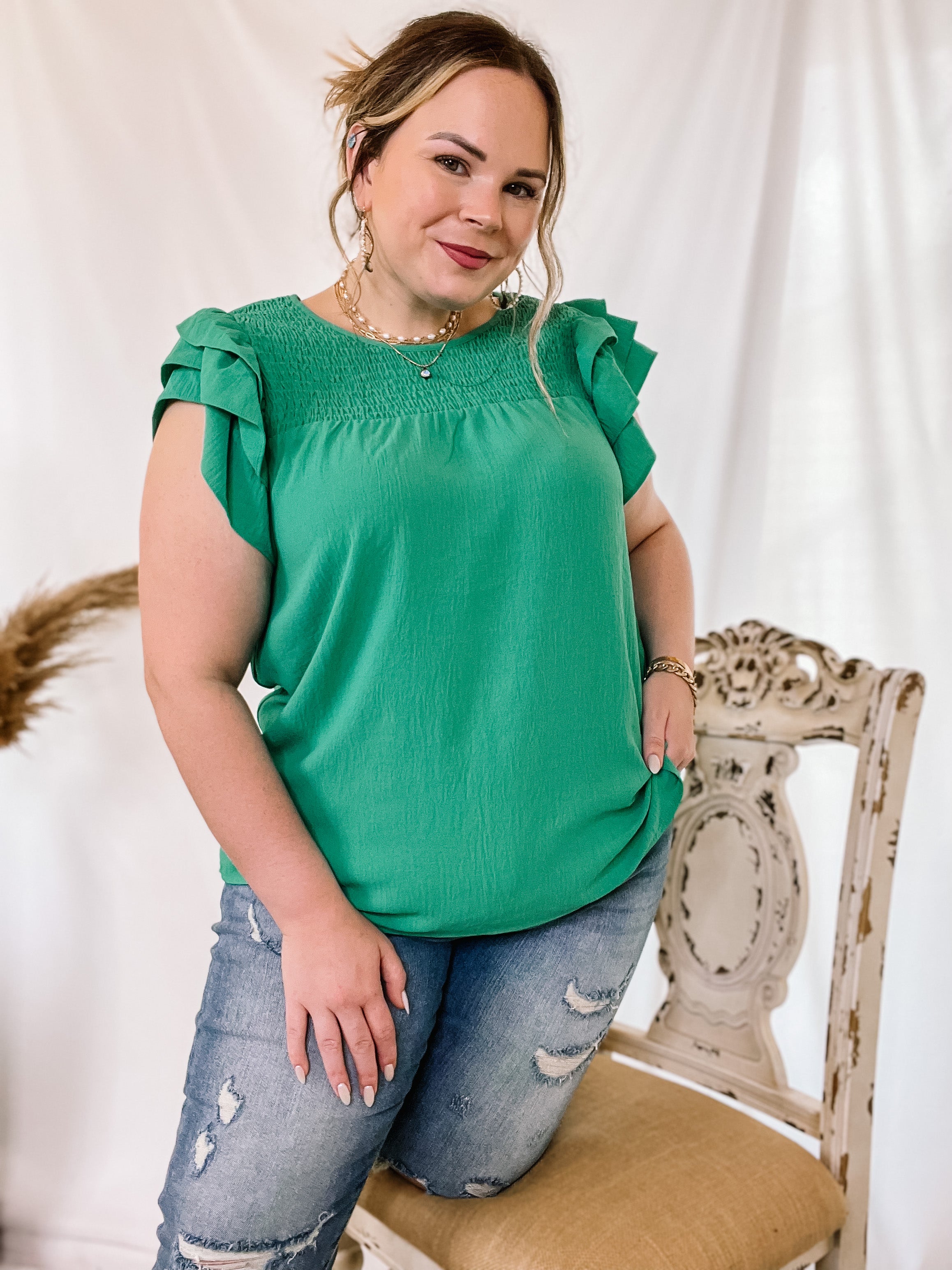 Balcony Nights Ruffle Shoulder Cap Sleeve Blouse in Green - Giddy Up Glamour Boutique