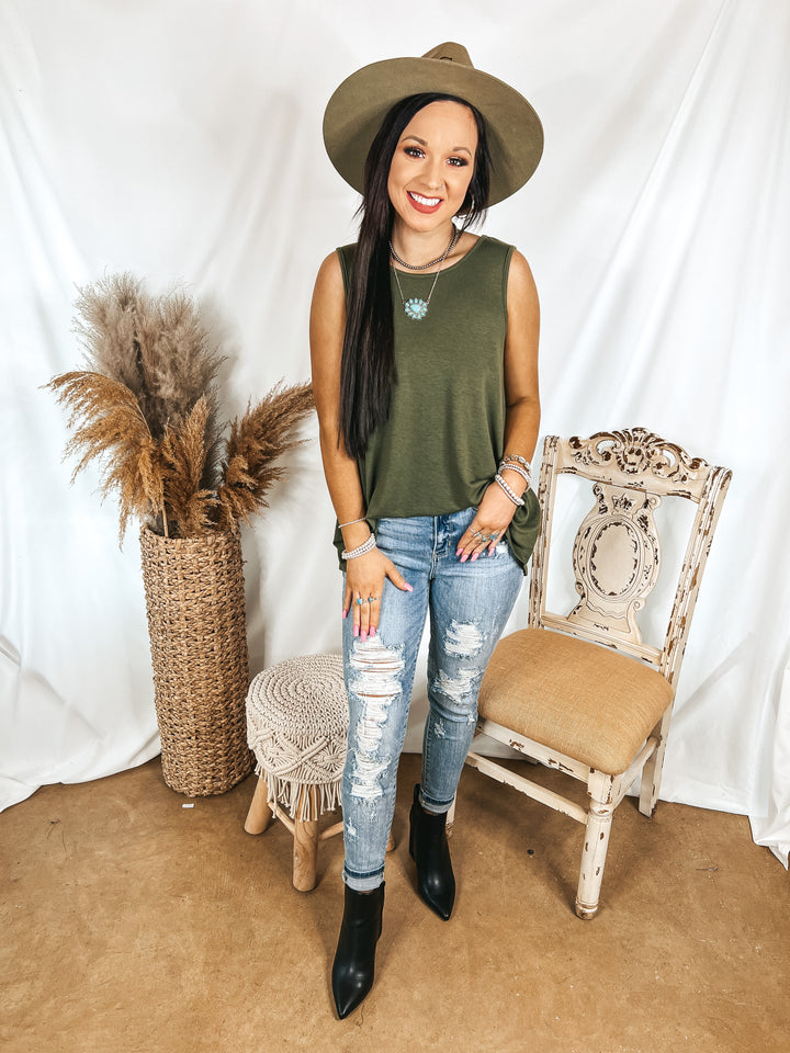 Give Me Joy Solid Knit A-Line Tank Top in Olive Green - Giddy Up Glamour Boutique