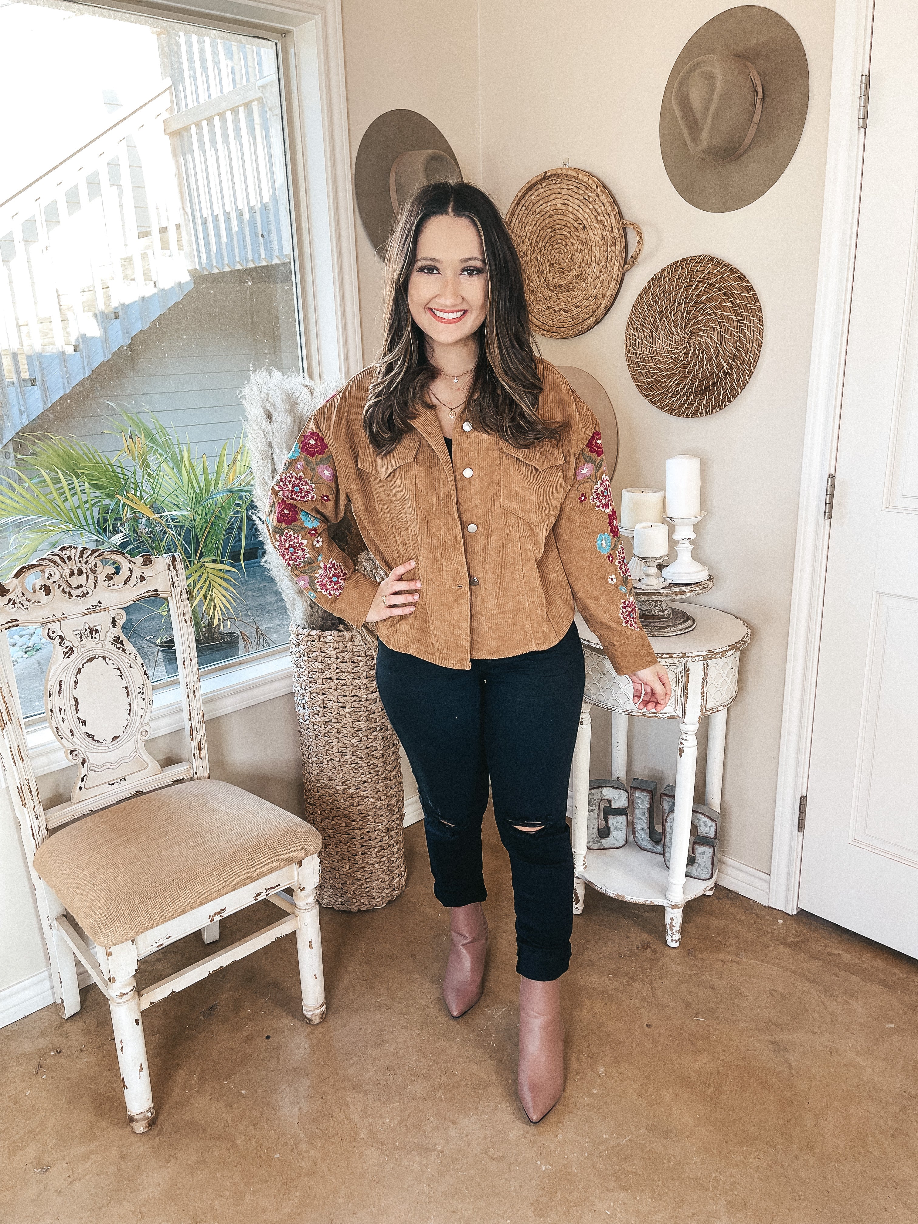 Seems Like Love Floral Embroidered Cropped Corduroy Jacket in Camel Brown - Giddy Up Glamour Boutique