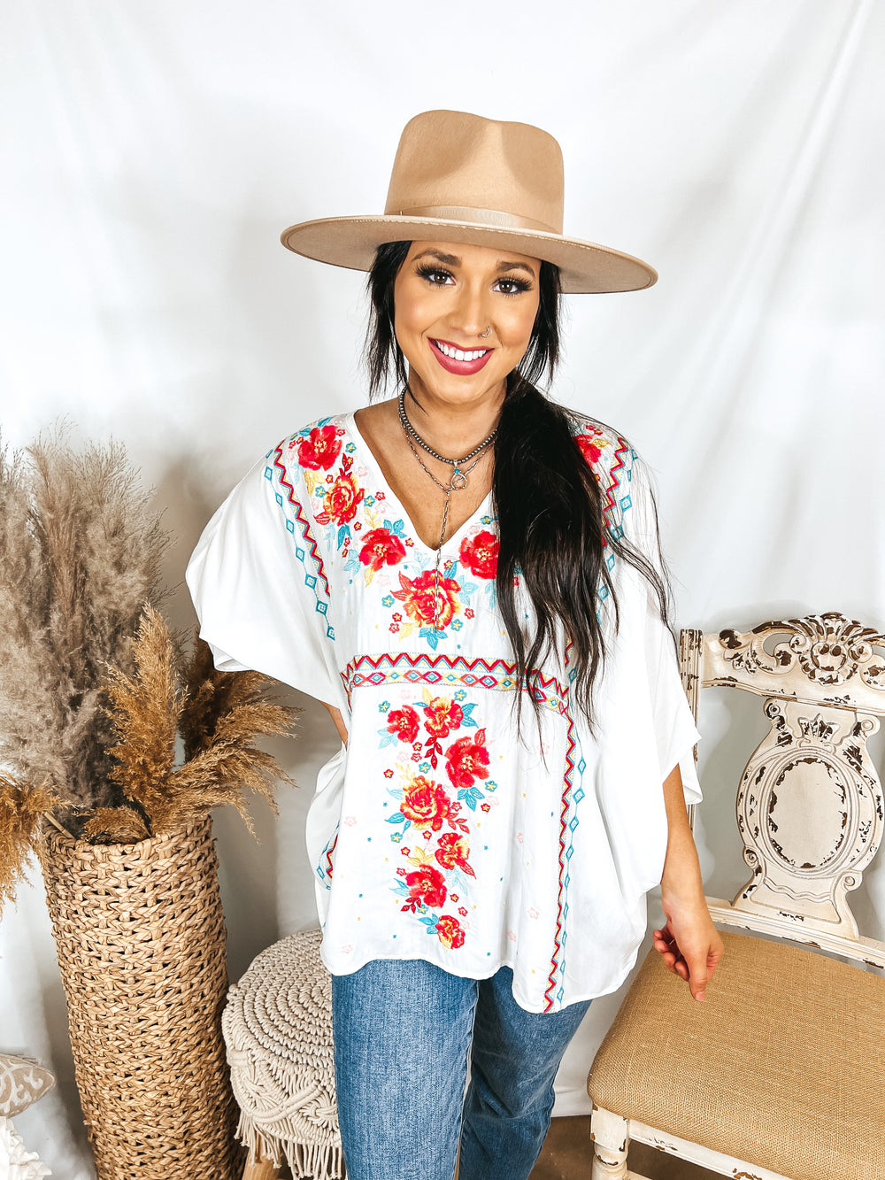 More To The Story Floral Embroidered Poncho Top in White - Giddy Up Glamour Boutique