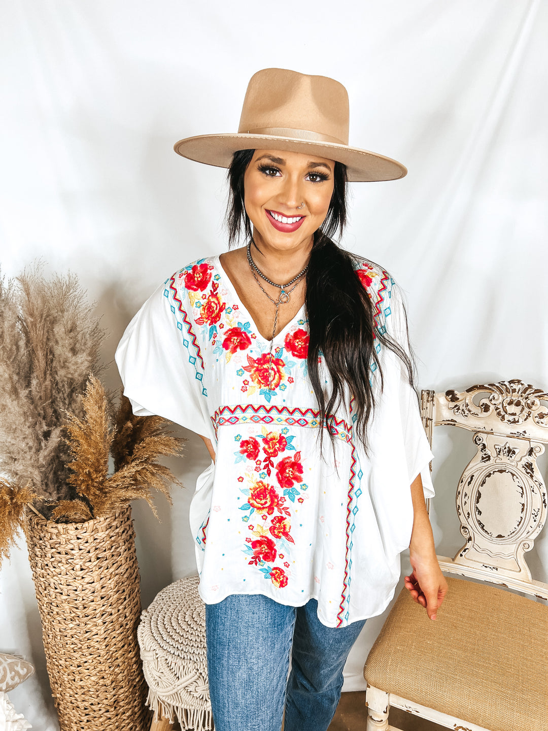 More To The Story Floral Embroidered Poncho Top in White - Giddy Up Glamour Boutique