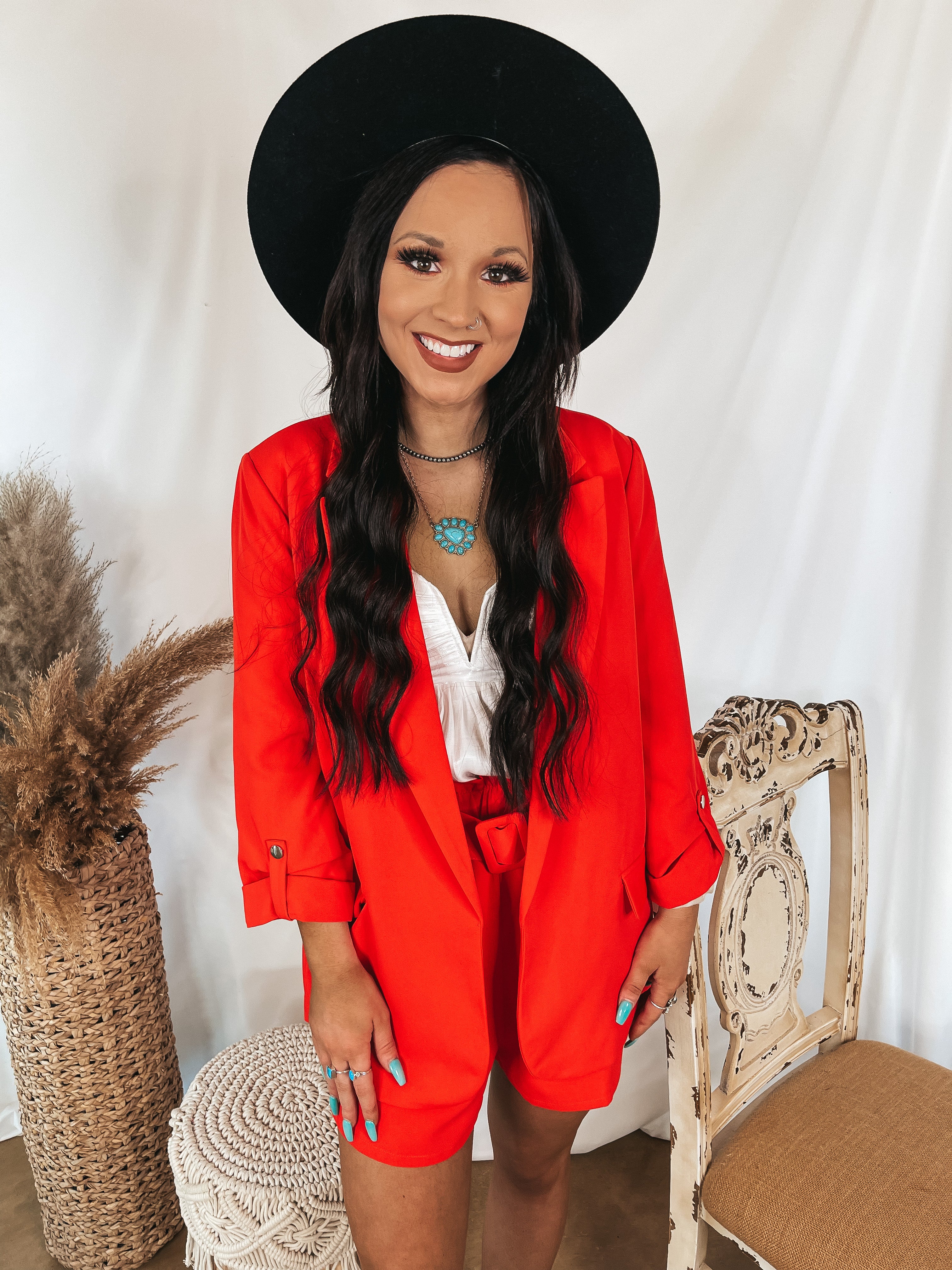 Online Exclusive | Fine Like Wine 3/4 Sleeve Blazer in Red - Giddy Up Glamour Boutique