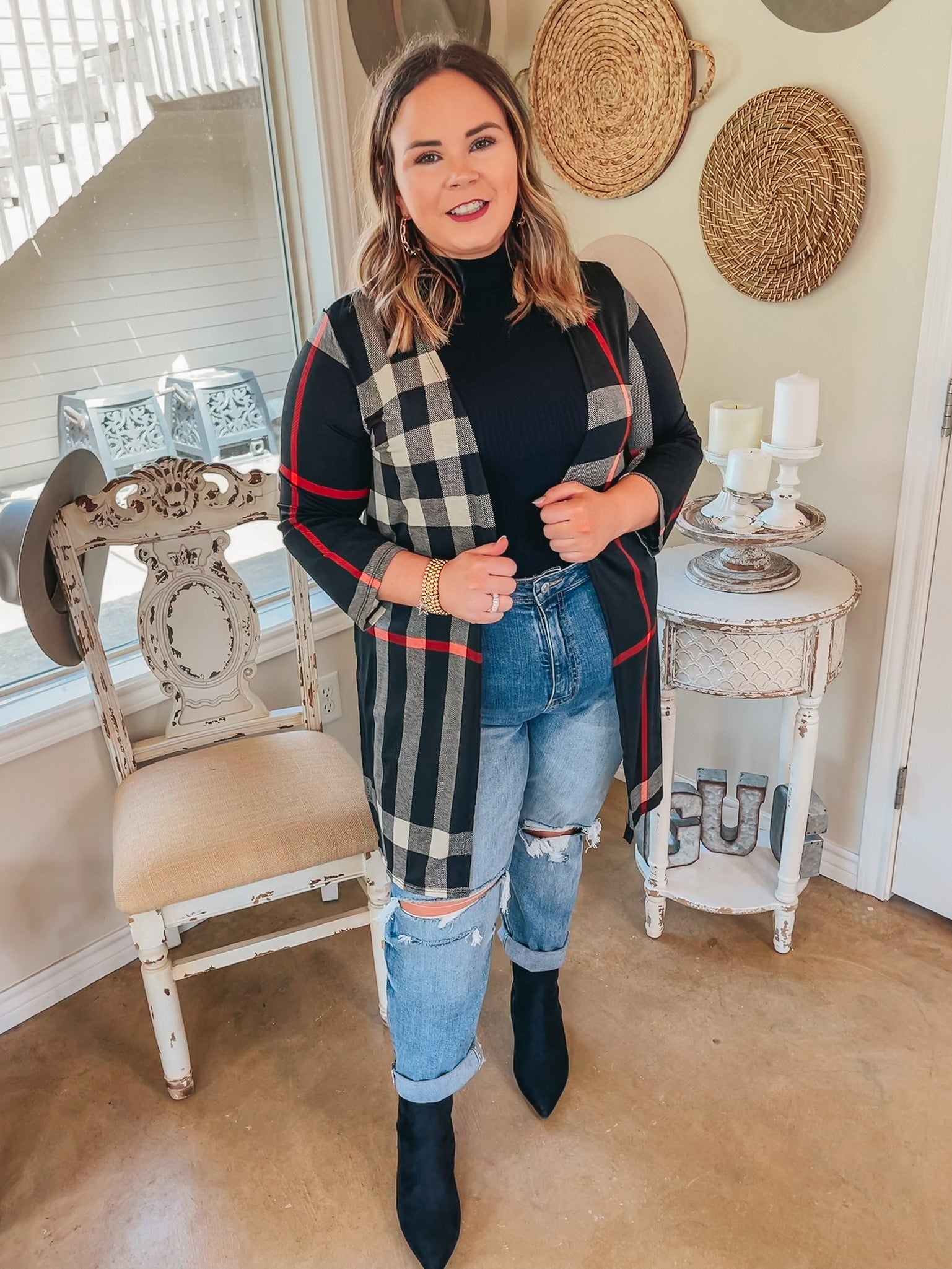All Eyes On You Plaid Cardigan in Black - Giddy Up Glamour Boutique