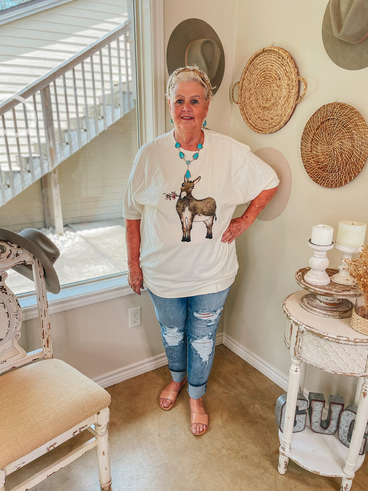 Bouquet Burro Graphic Tee with Pink Crystal Accents in Ivory - Giddy Up Glamour Boutique