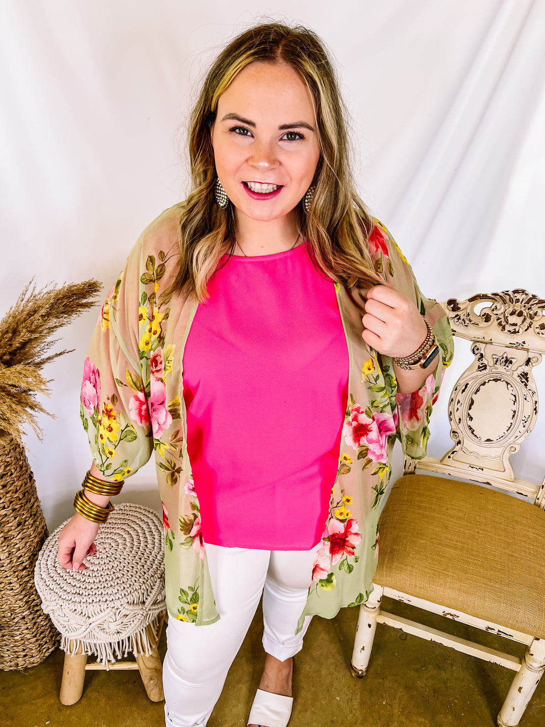 Forever Friends Floral Print Short Sleeve Kimono in Dusty Sage Green - Giddy Up Glamour Boutique