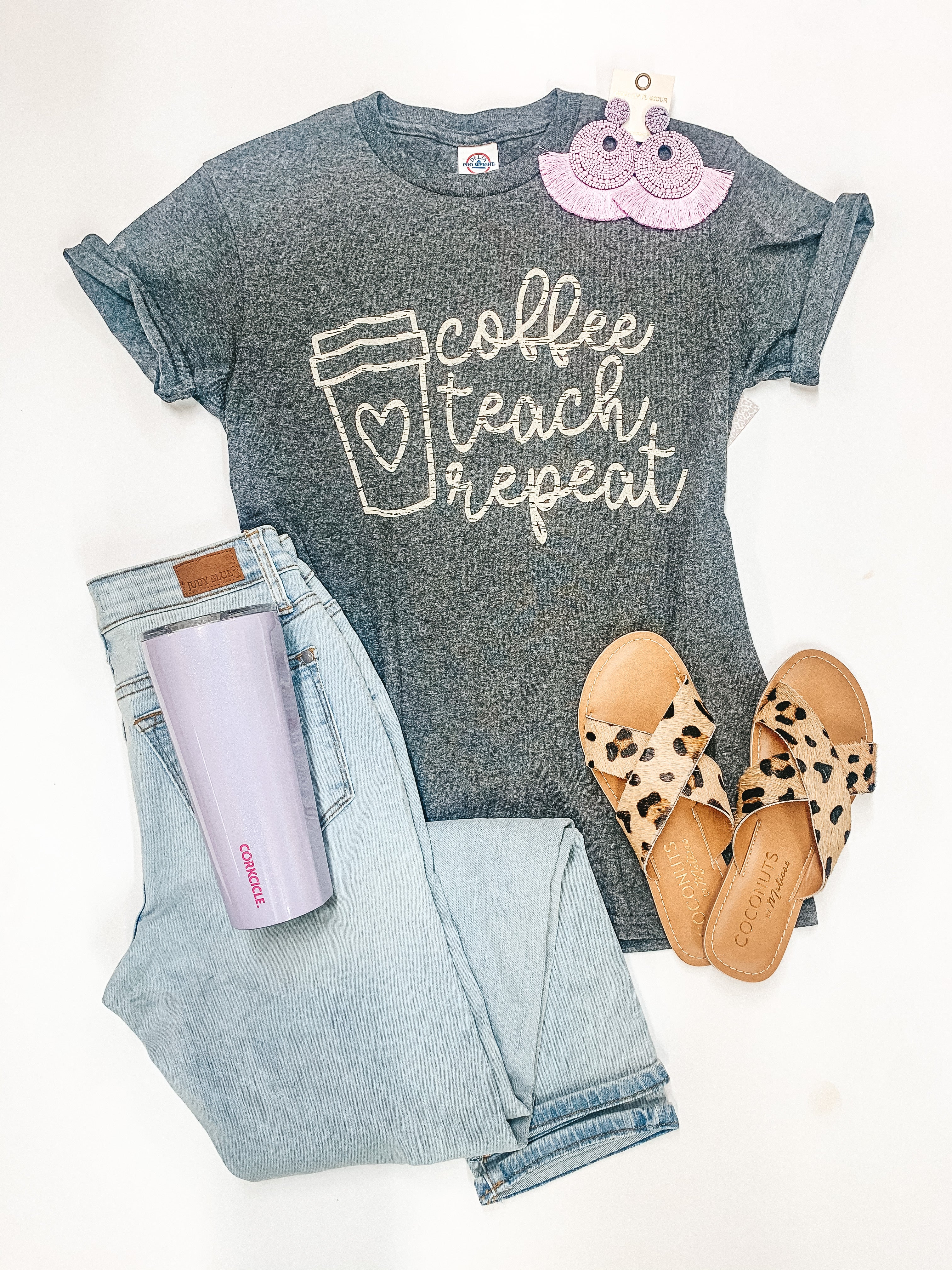 Coffee, Teach, Repeat Short Sleeve Graphic Tee in Heather Grey - Giddy Up Glamour Boutique