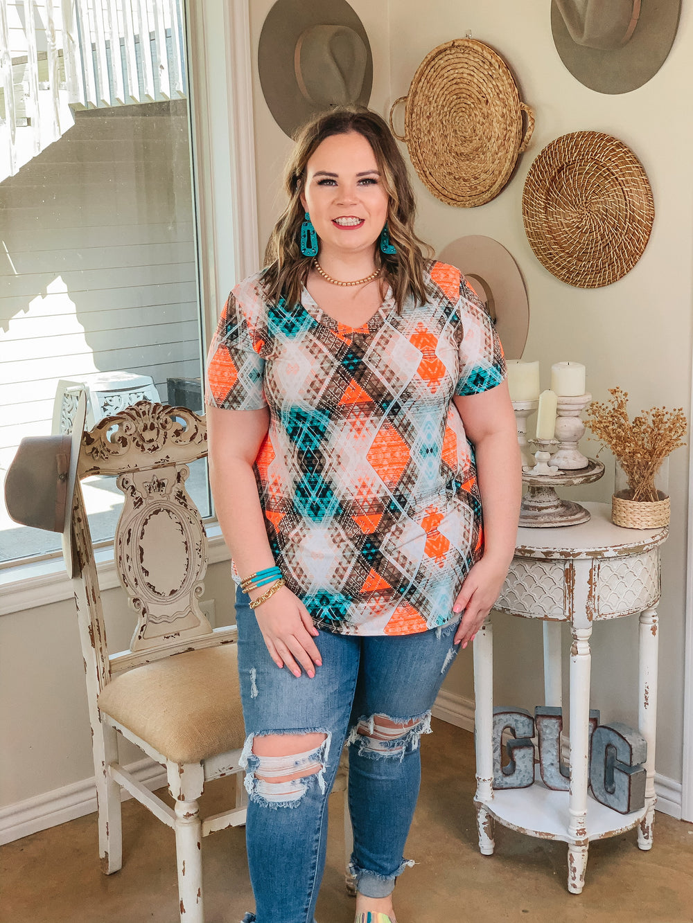 Last Chance Small | Keep Things Simple Aztec V Neck Tee in Mint and Orange - Giddy Up Glamour Boutique