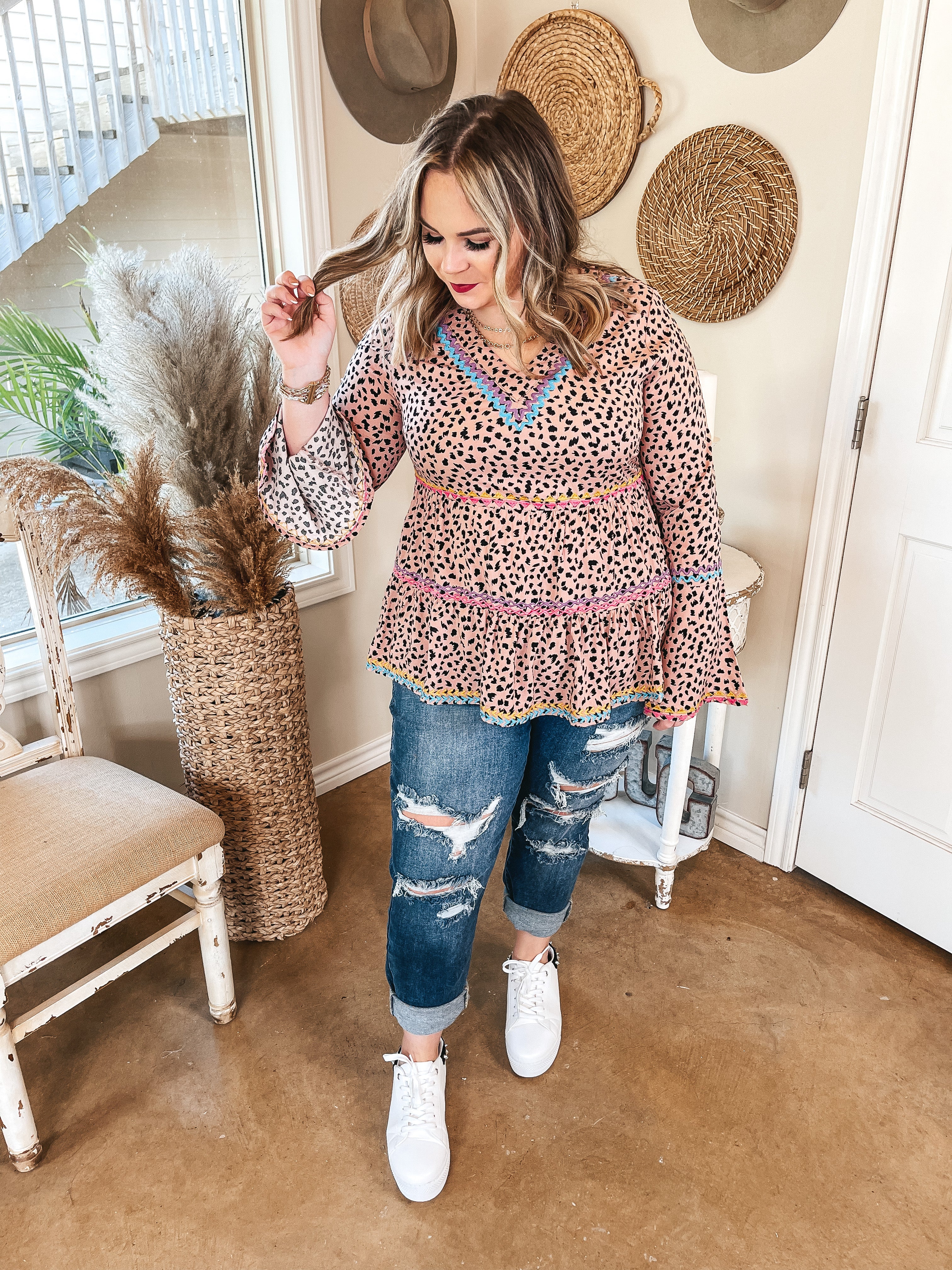 Good Reputation Dotted Ruffle Tiered Top with Colorful Embroidery in Blush Pink - Giddy Up Glamour Boutique