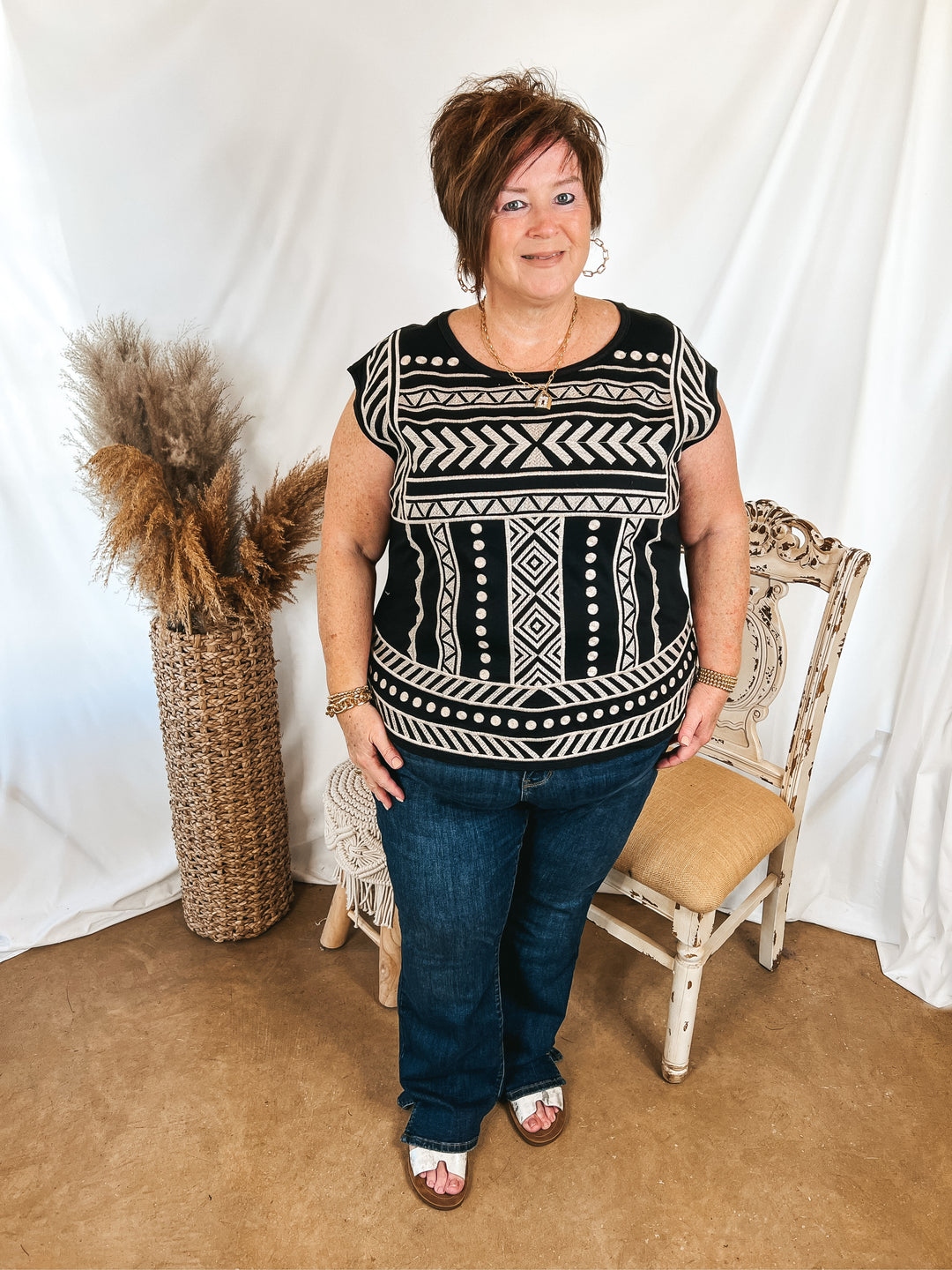 Call To You Ivory Pattern Embroidered Cap Sleeve Top in Black - Giddy Up Glamour Boutique