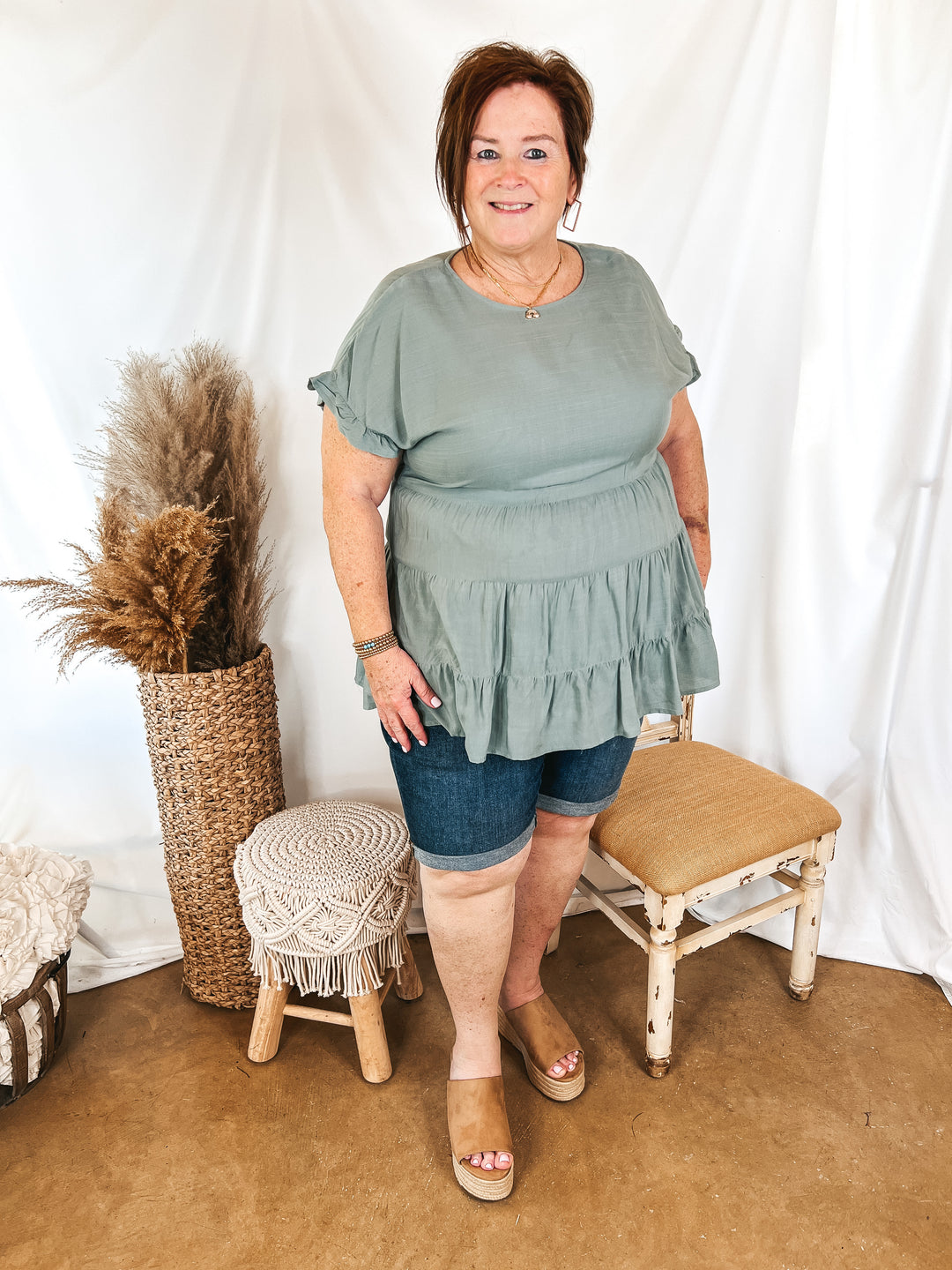 Belong To You Tiered Top with Ruffle Cap Sleeves in Sage Green - Giddy Up Glamour Boutique