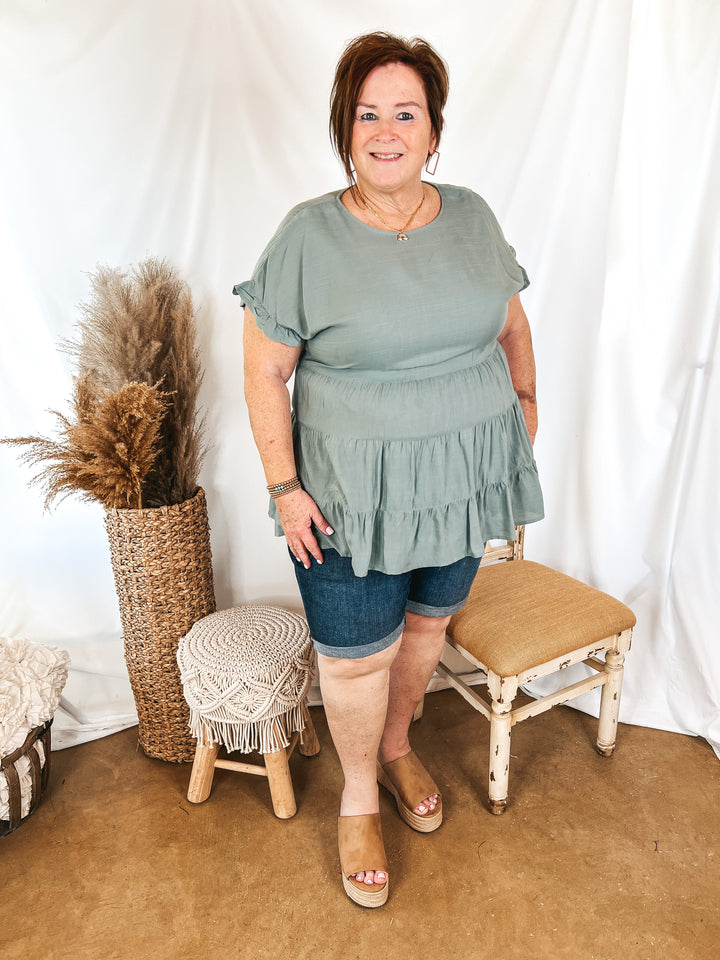 Belong To You Tiered Top with Ruffle Cap Sleeves in Sage Green - Giddy Up Glamour Boutique