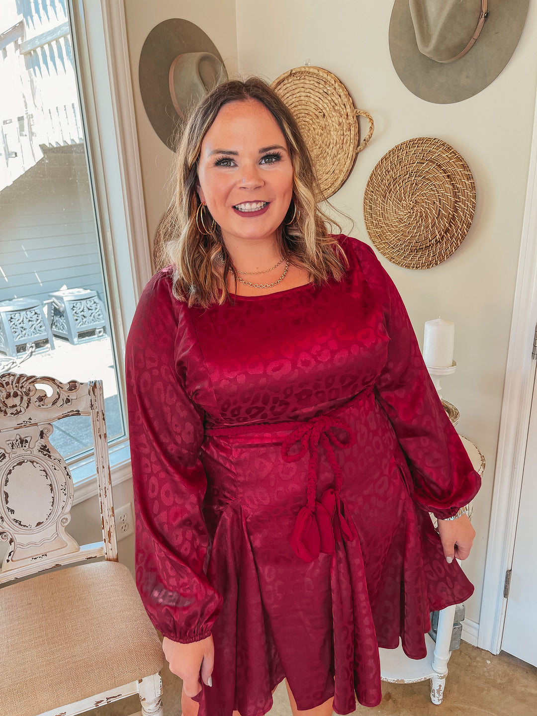 Dream Worthy Leopard Long Sleeve Satin Dress with Braided Belt in  Berry Red - Giddy Up Glamour Boutique
