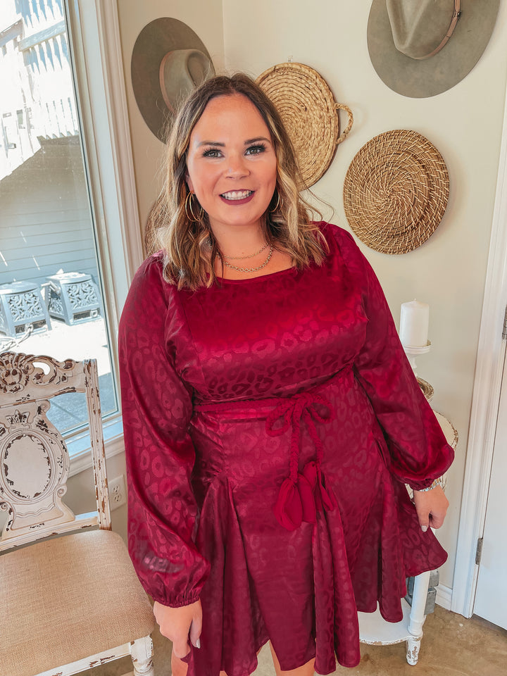 Dream Worthy Leopard Long Sleeve Satin Dress with Braided Belt in  Berry Red - Giddy Up Glamour Boutique
