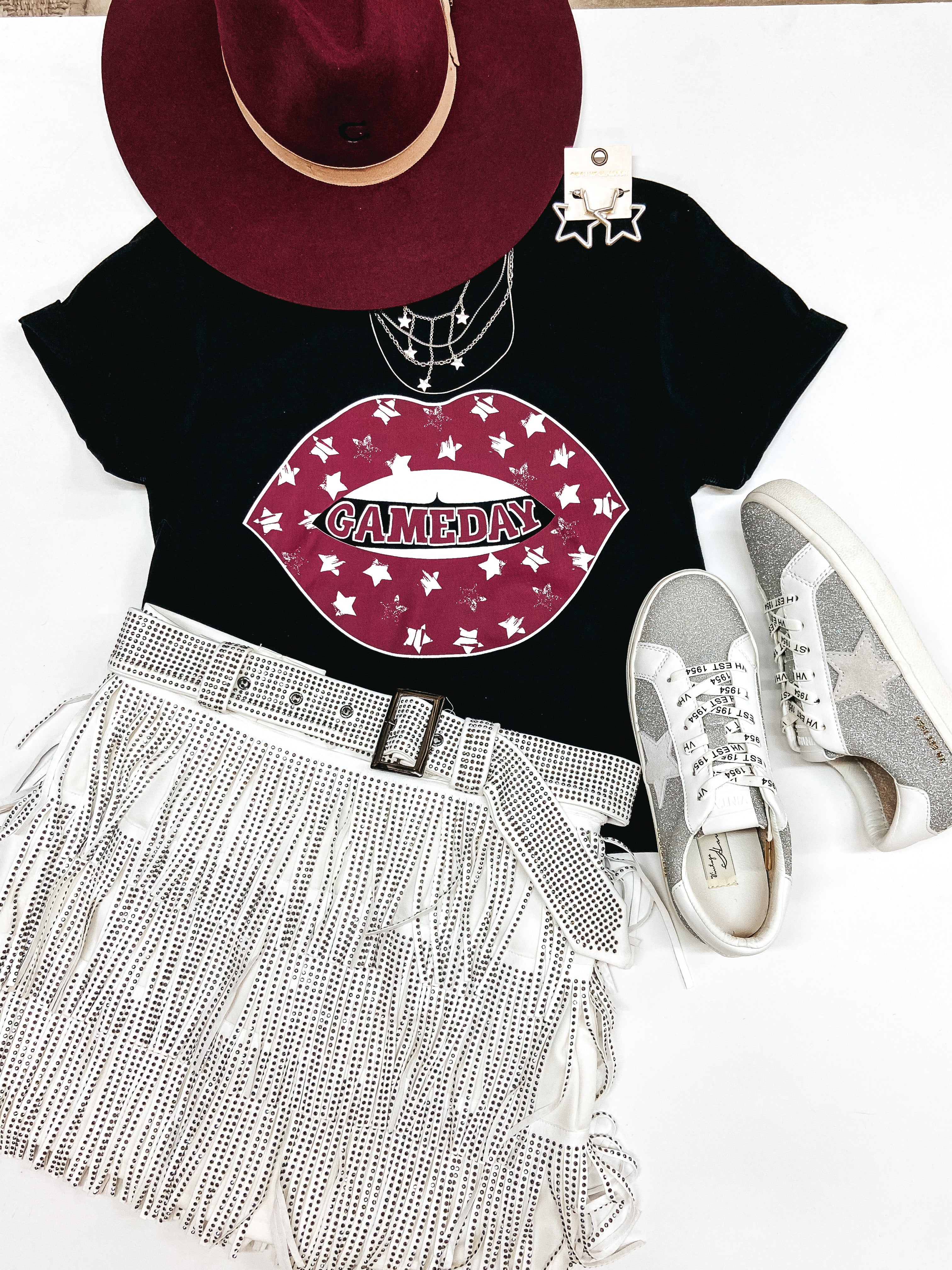 Aggie Game Day | Gameday Lips and Stars Short Sleeve Graphic Tee Shirt in Black - Giddy Up Glamour Boutique