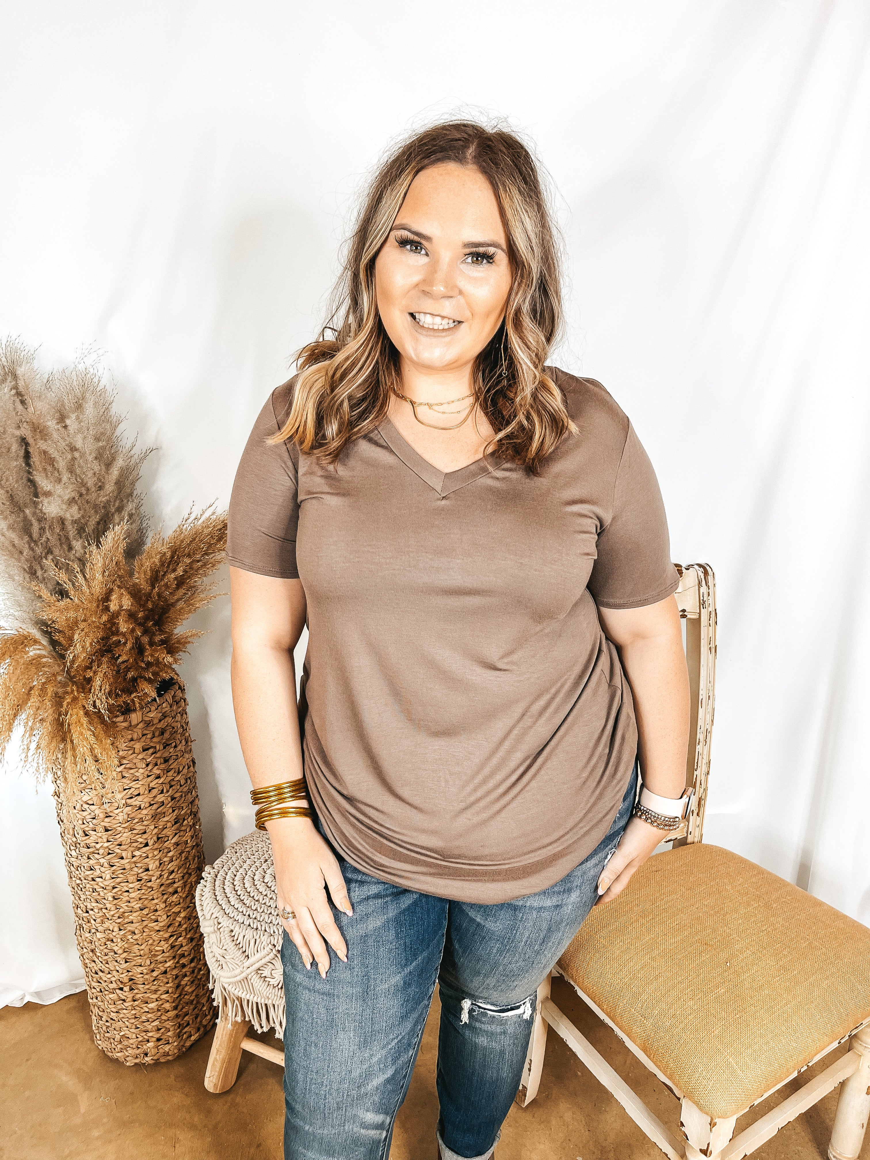 It's That Simple Solid V Neck Tee in Taupe - Giddy Up Glamour Boutique