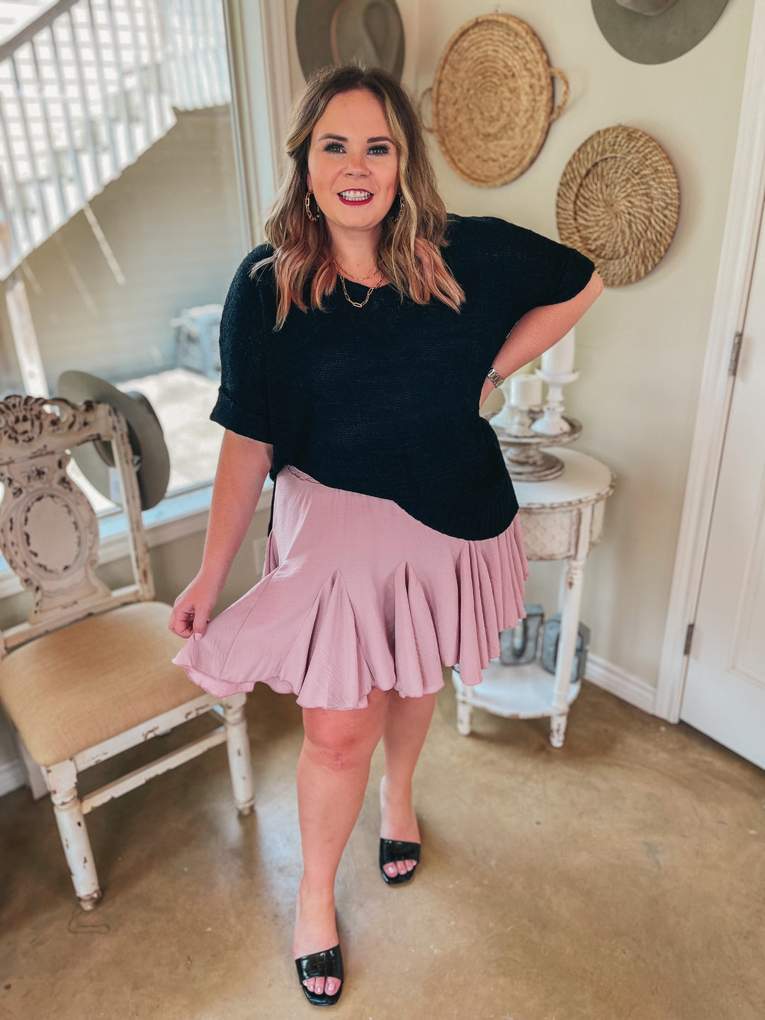 Right Idea Short Drop Sleeve V Neck Knit Sweater in Black - Giddy Up Glamour Boutique