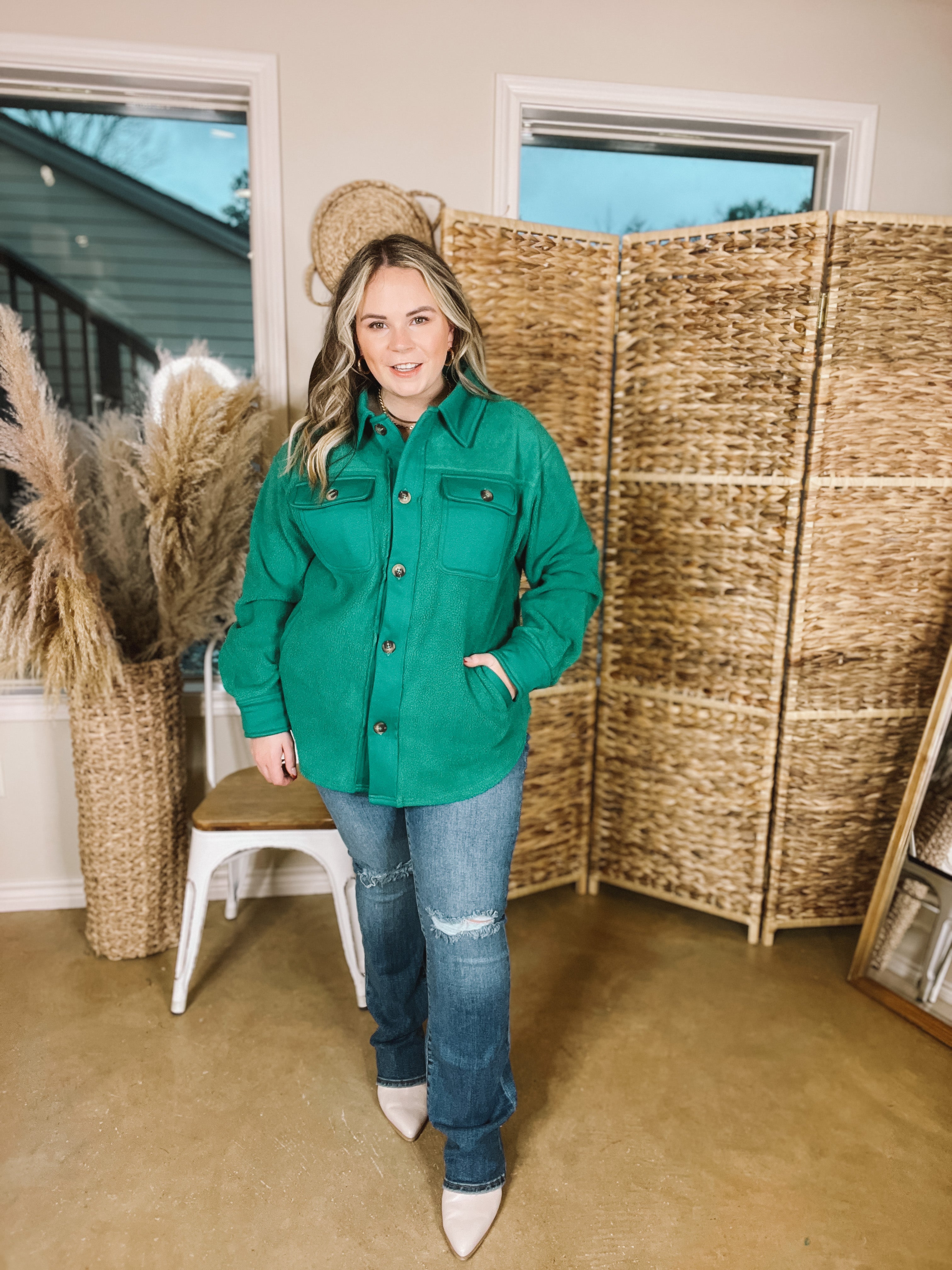 Hollywood Hike Button Up Fleece Jacket with Pockets in Green - Giddy Up Glamour Boutique