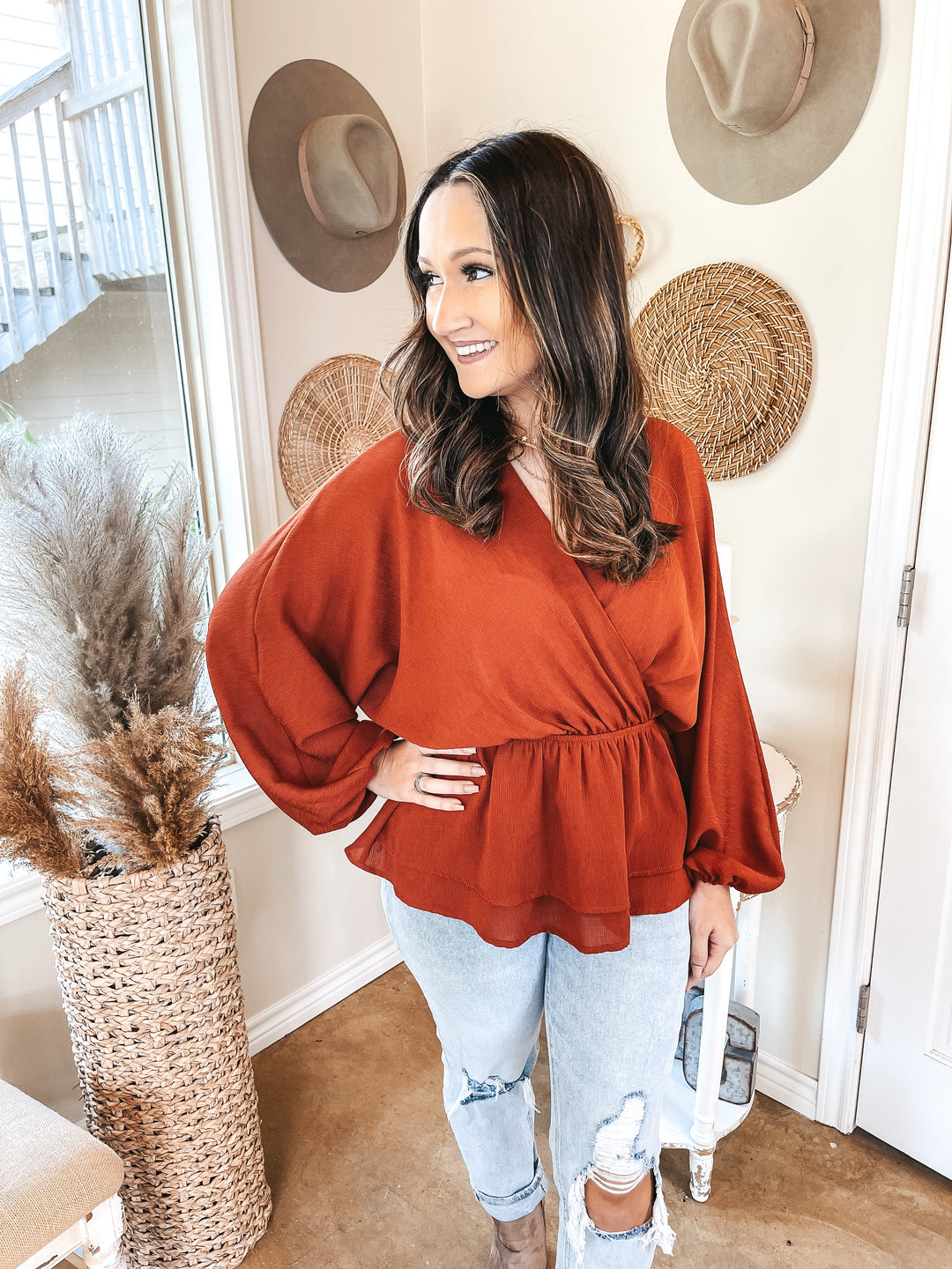 Move to the Music Long Sleeve Deep V Peplum Top in Rust Red - Giddy Up Glamour Boutique