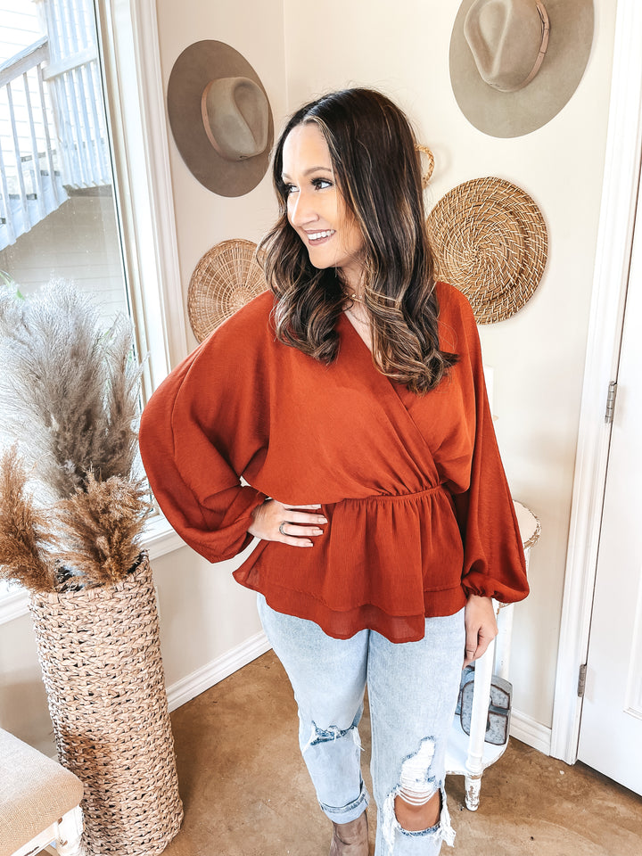 Move to the Music Long Sleeve Deep V Peplum Top in Rust Red - Giddy Up Glamour Boutique