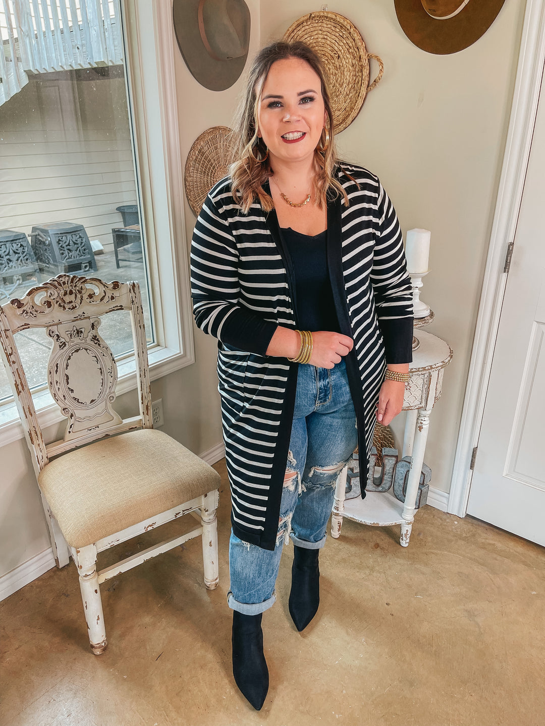 On the Scene Long Sleeve Striped Open Front Cardigan in Black - Giddy Up Glamour Boutique