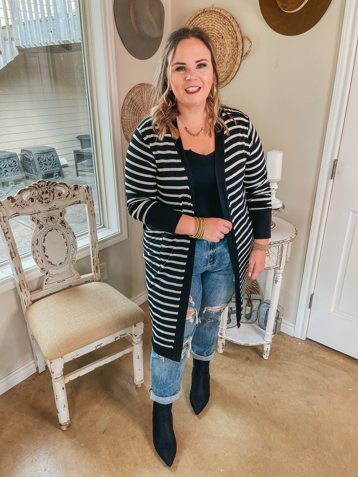 On the Scene Long Sleeve Striped Open Front Cardigan in Black - Giddy Up Glamour Boutique