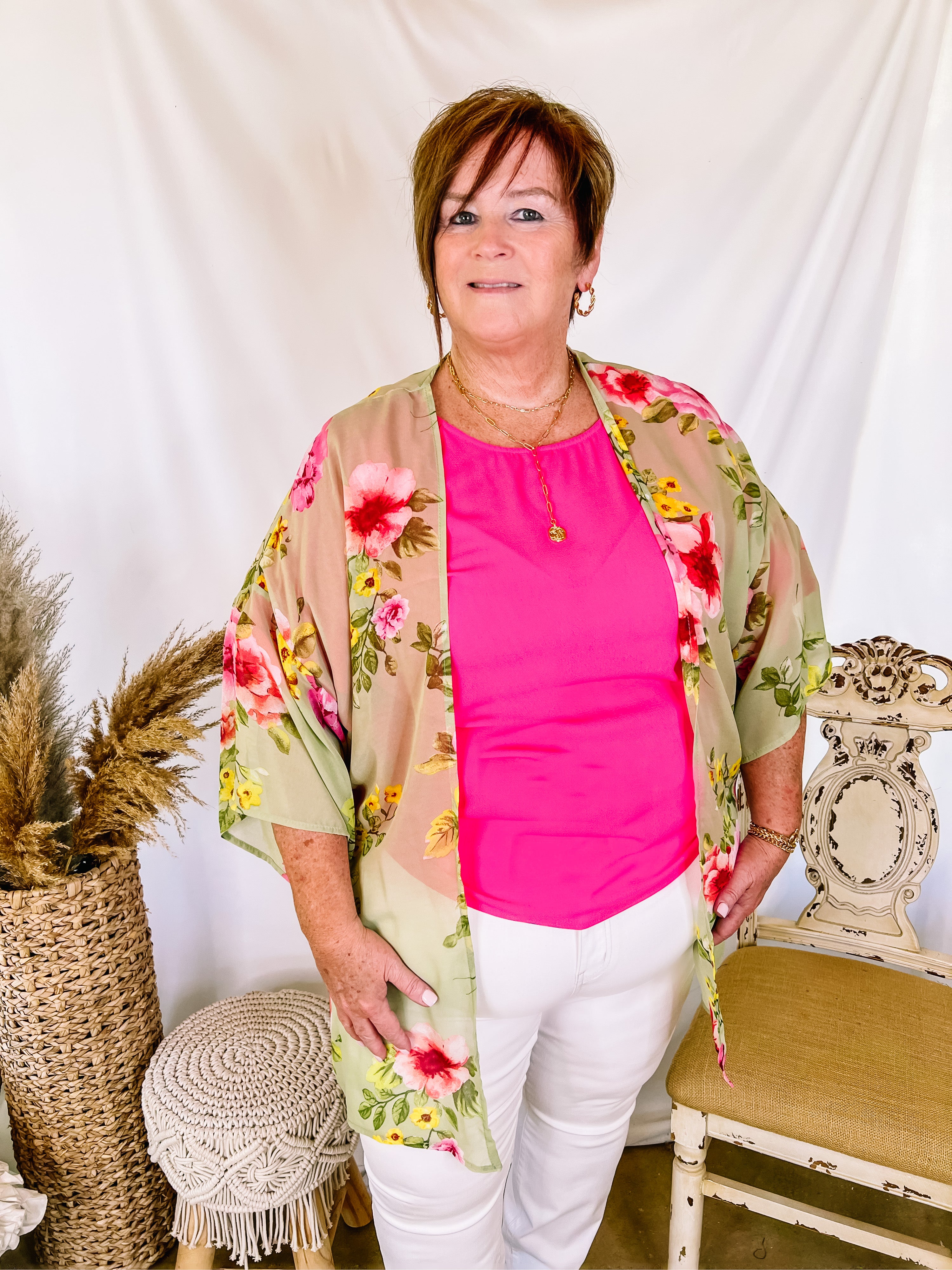 Forever Friends Floral Print Short Sleeve Kimono in Dusty Sage Green - Giddy Up Glamour Boutique