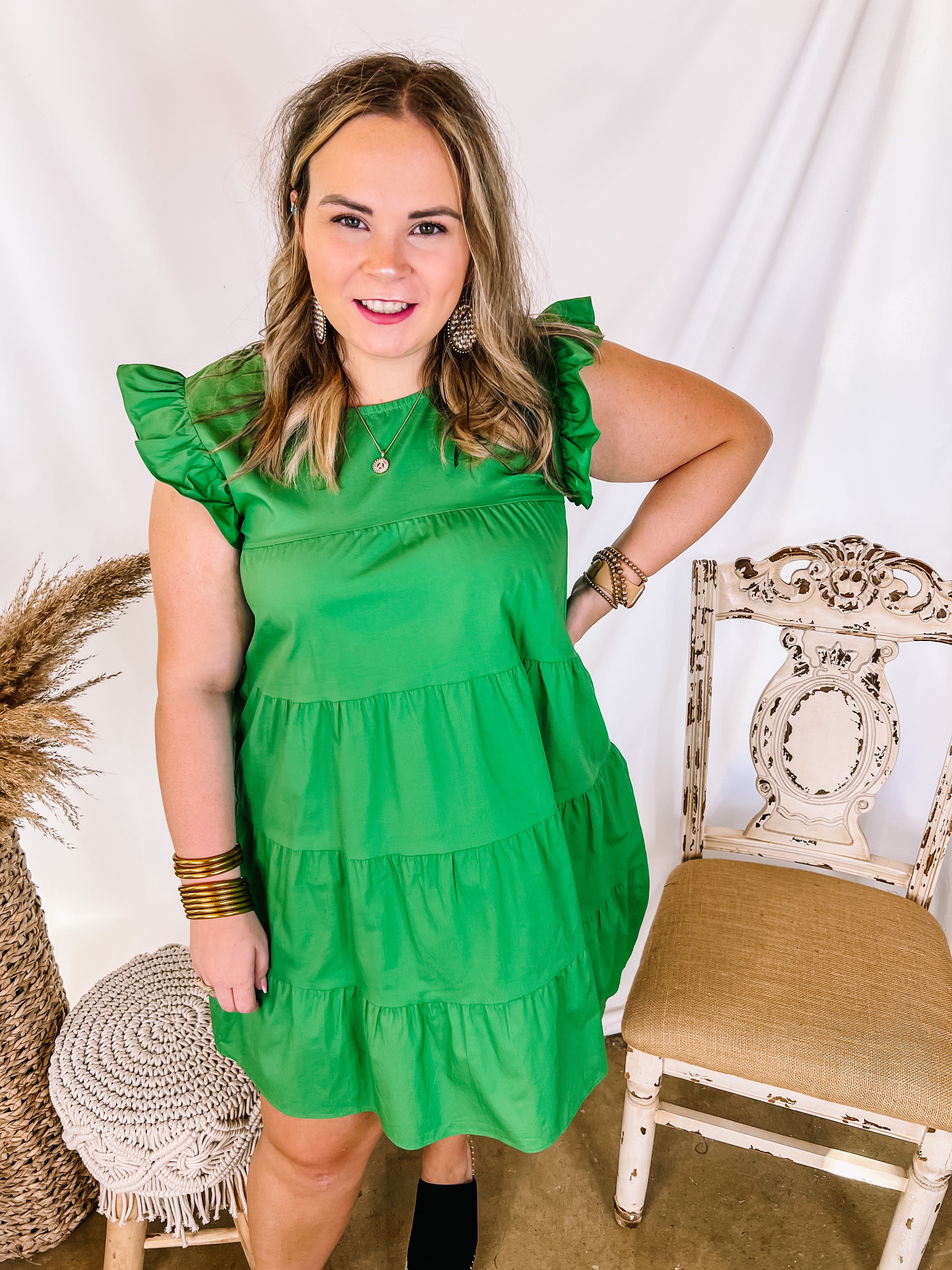 Choose Confidence Ruffle Cap Sleeve Tiered Dress in Green - Giddy Up Glamour Boutique
