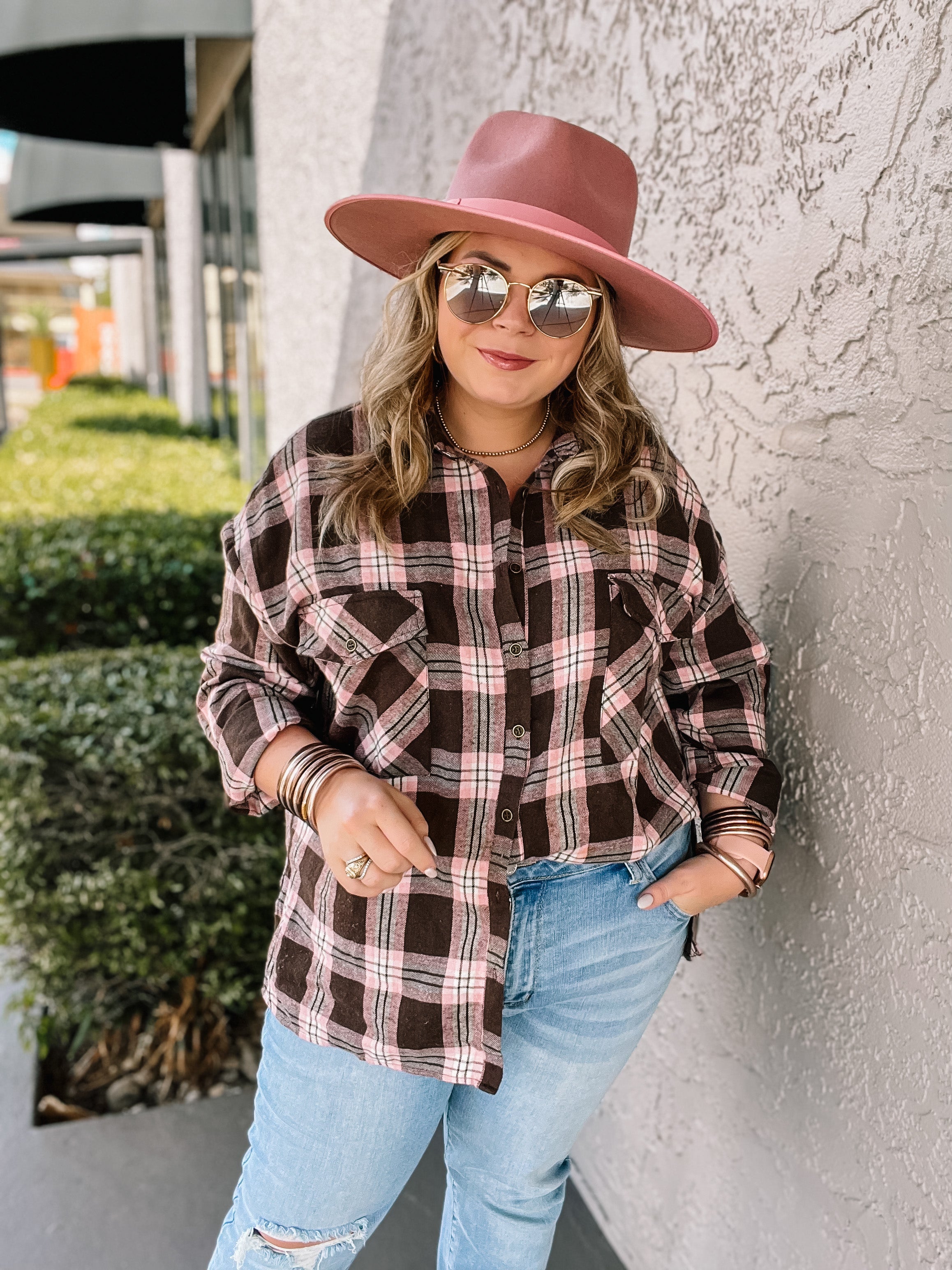 Cheery Mood Button Up Plaid Flannel Top in Pink and Brown - Giddy Up Glamour Boutique