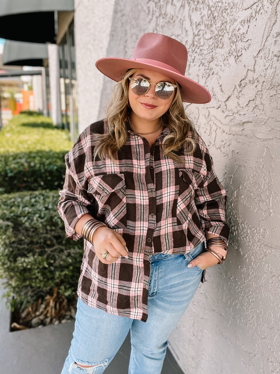 Cheery Mood Button Up Plaid Flannel Top in Pink and Brown - Giddy Up Glamour Boutique