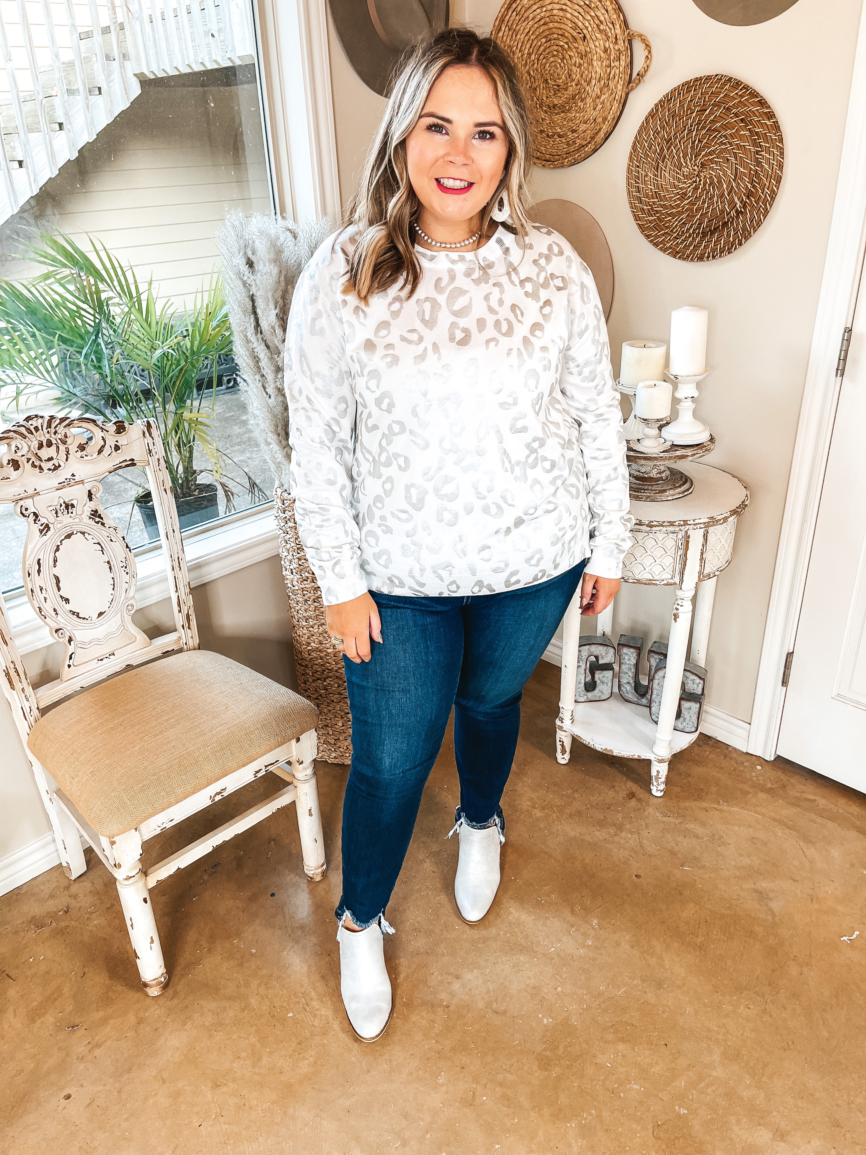 Trend Spotter Silver Metallic Leopard Print Sweater with Zipper Detail in White - Giddy Up Glamour Boutique