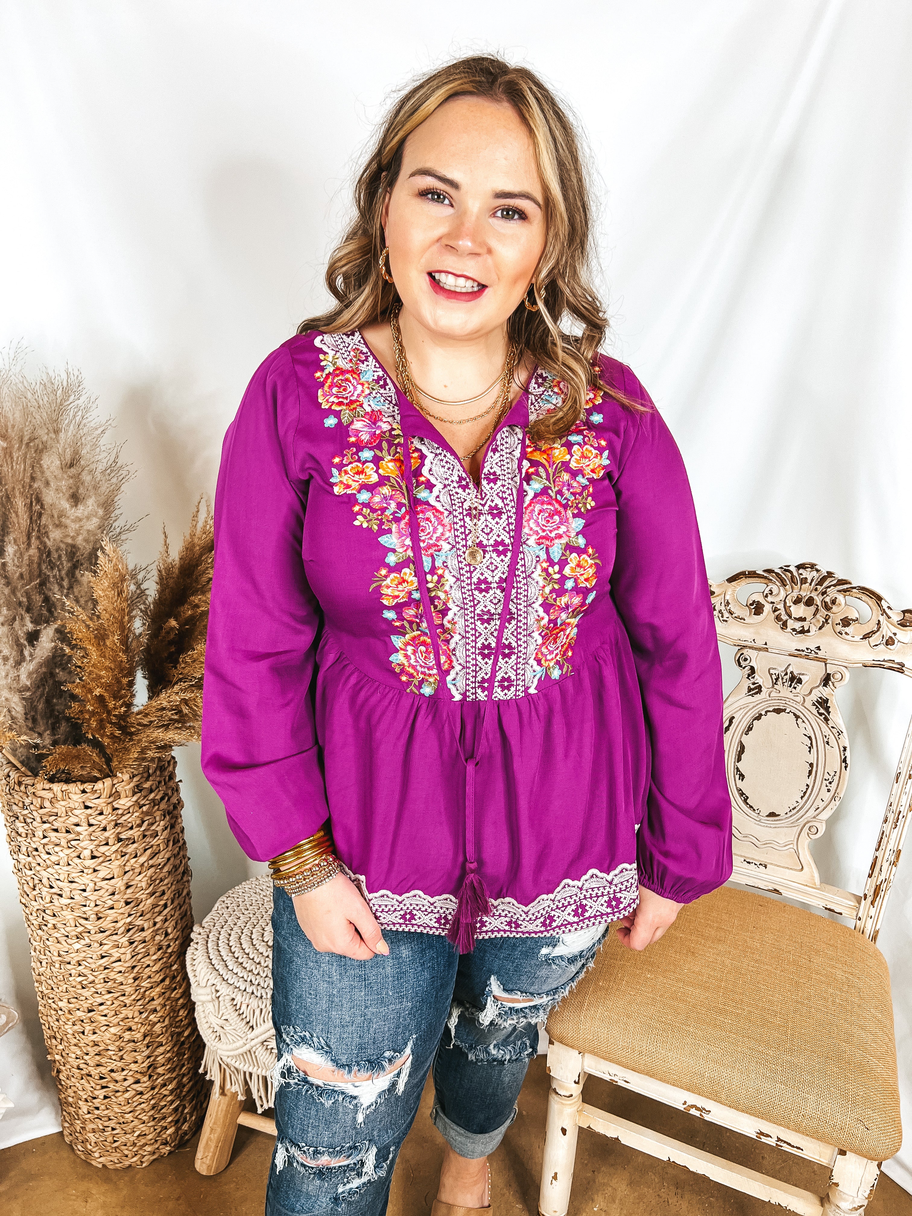 Stuck In A Daydream Long Sleeve Keyhole Top with Floral Embroidery in Magenta Purple - Giddy Up Glamour Boutique