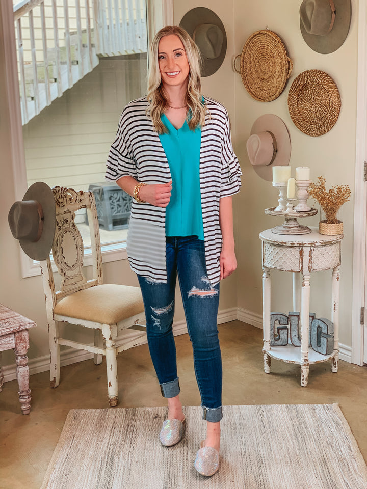 Cross My Mind Stripe Cardigan with Ruffle Sleeves in White - Giddy Up Glamour Boutique